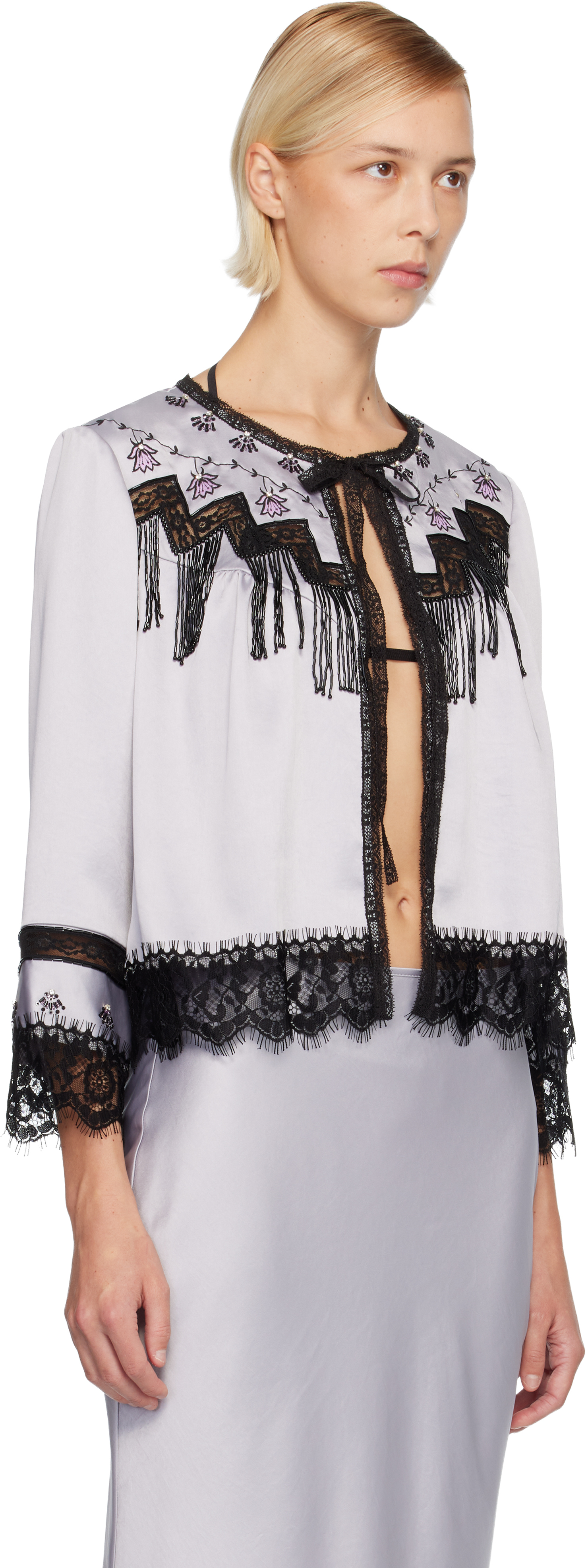 Anna Sui Silver Boudoir Satin Beaded Fringe Bed Cardigan In Multi