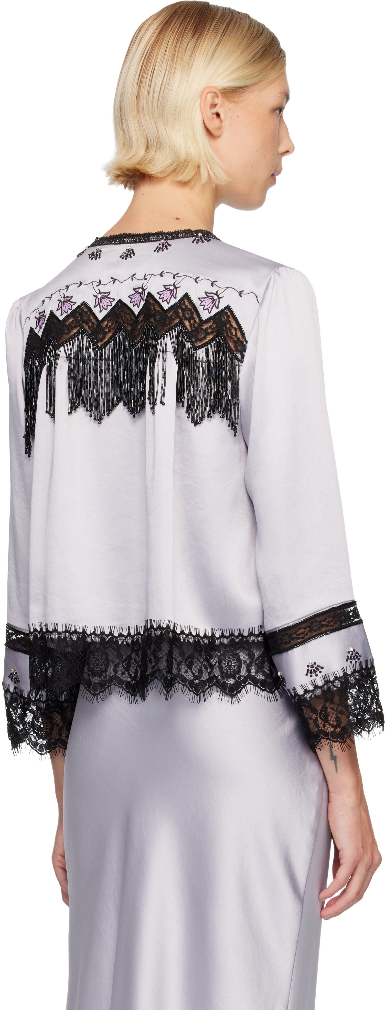 Anna Sui Silver Boudoir Satin Beaded Fringe Bed Cardigan In Multi