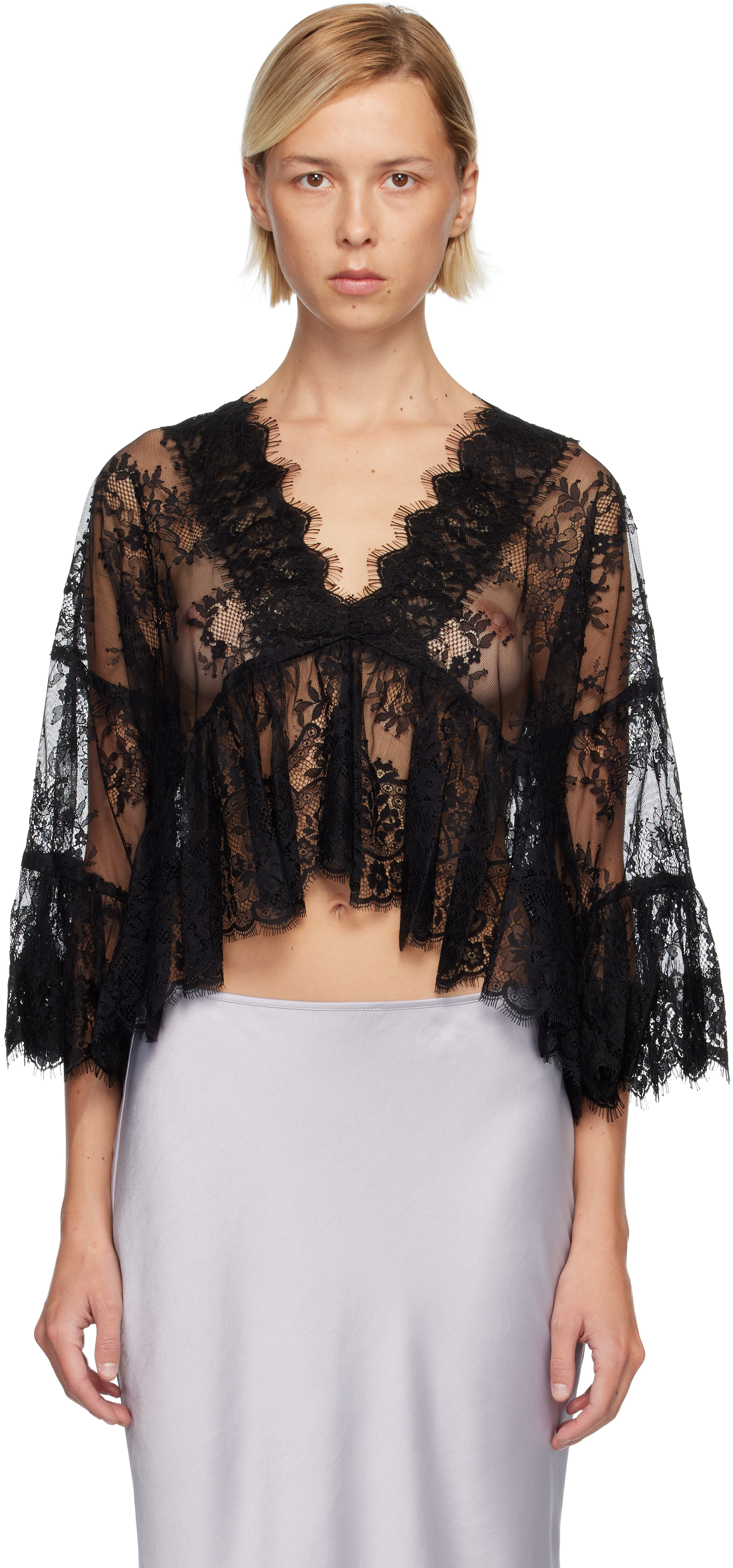 Black Victorian Lace V Neck Blouse by Anna Sui on Sale