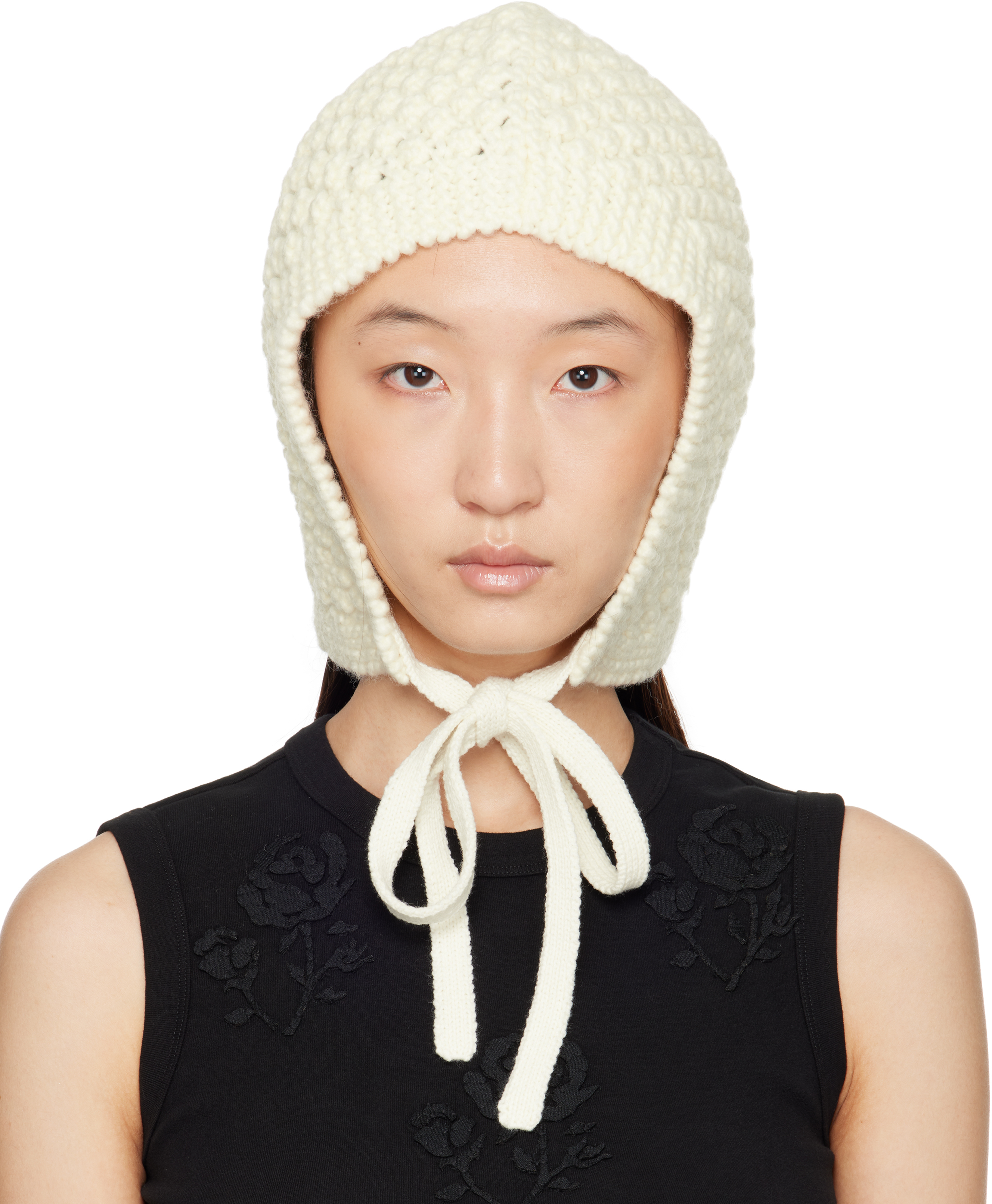 Shushu/Tong Knit Bonnet Hat Ivory Tie Strap Coquette Style One Size Shushu/Tong + Off-White Tied Knit Beanie main image 3