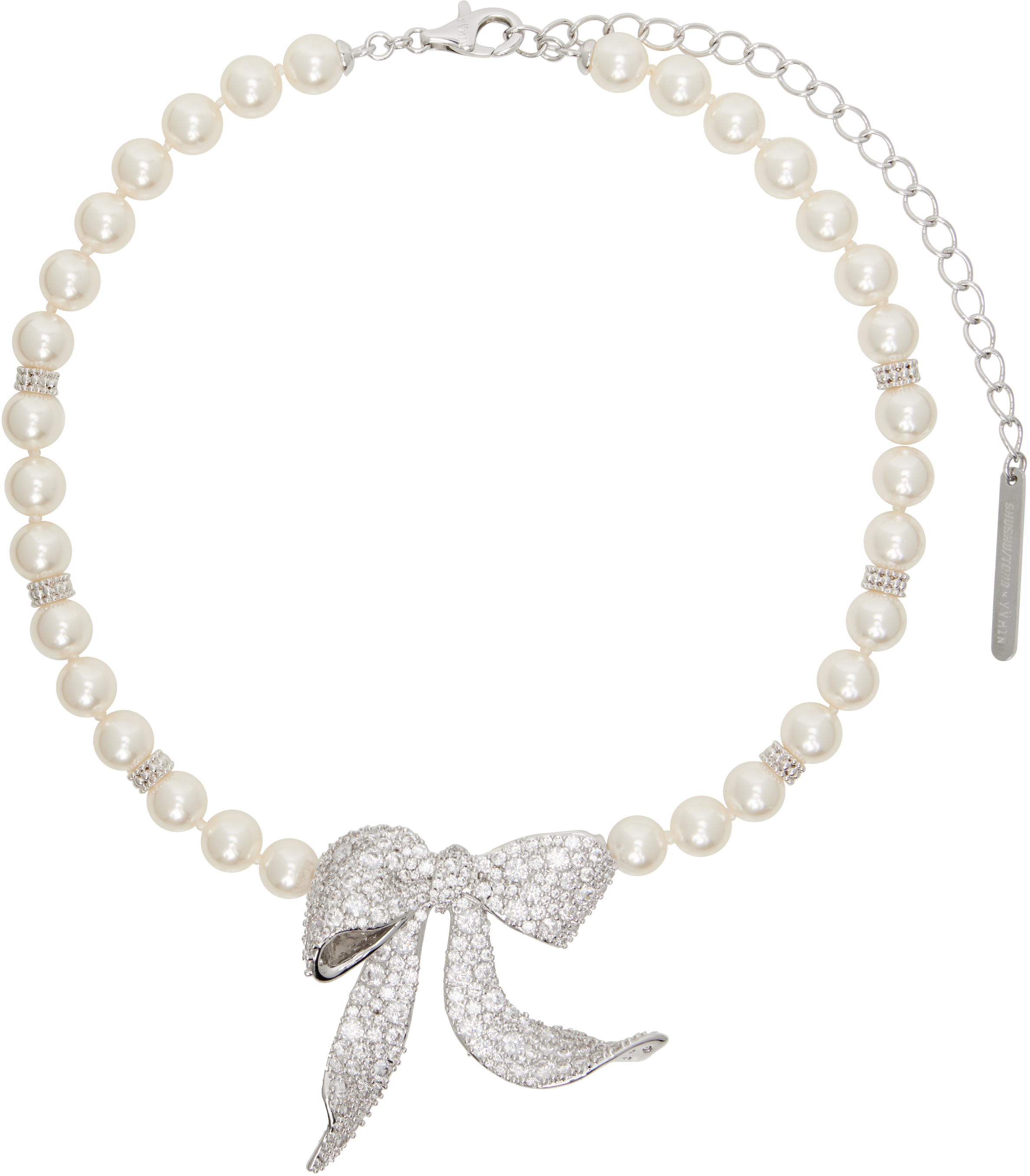 Shushu-tong Yvmin Edition Diamond Curly Bowknot Artificial Pearl Necklace In Silver