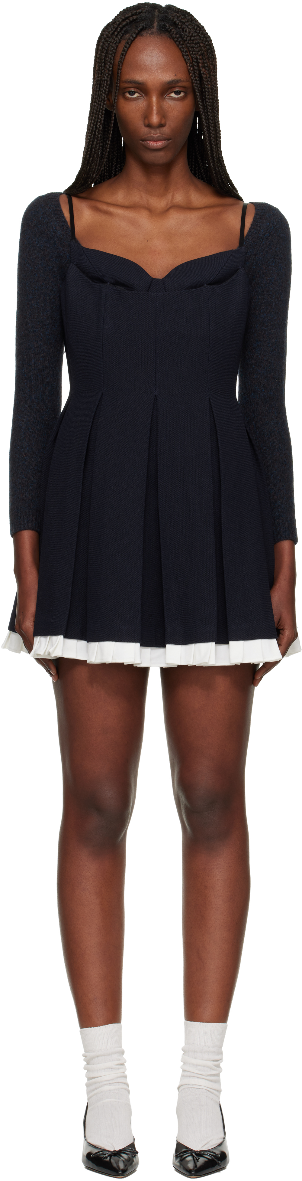 open lace back dress Navy Button Pleated Mini Dress