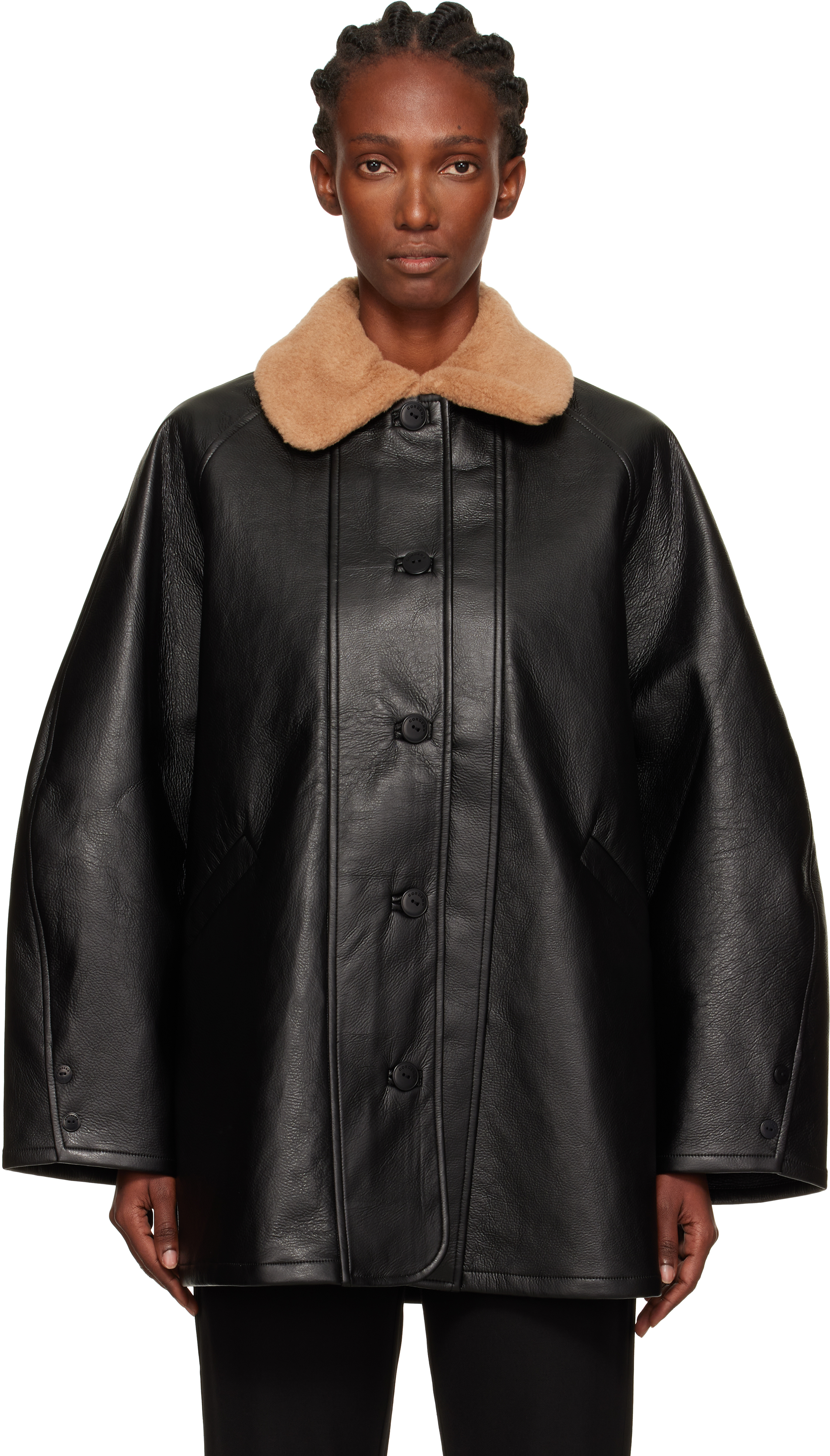 Black Aviator Midi Faux-Leather Coat