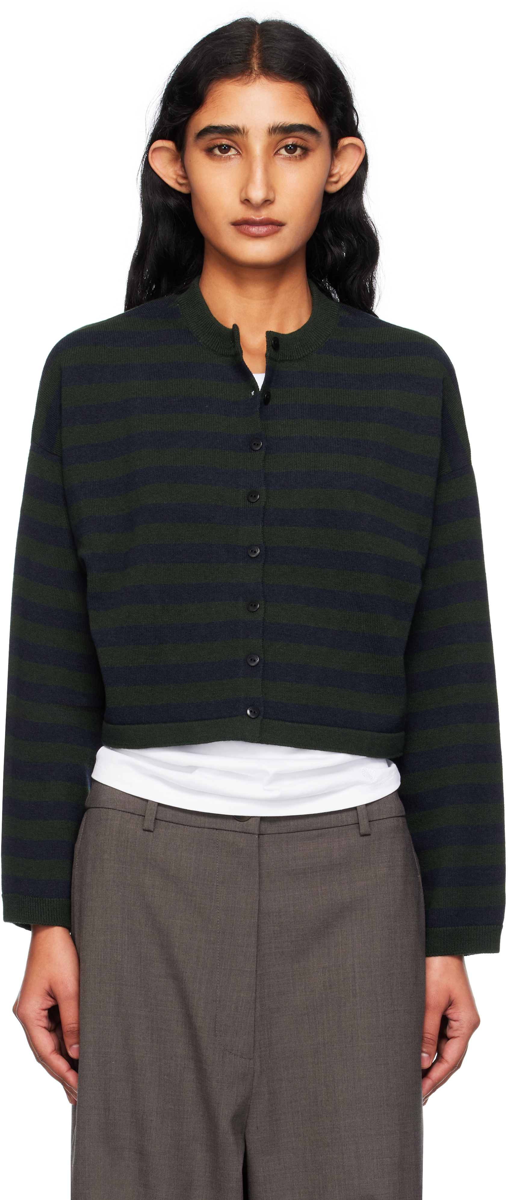Green Merino Wool Striped Cardigan