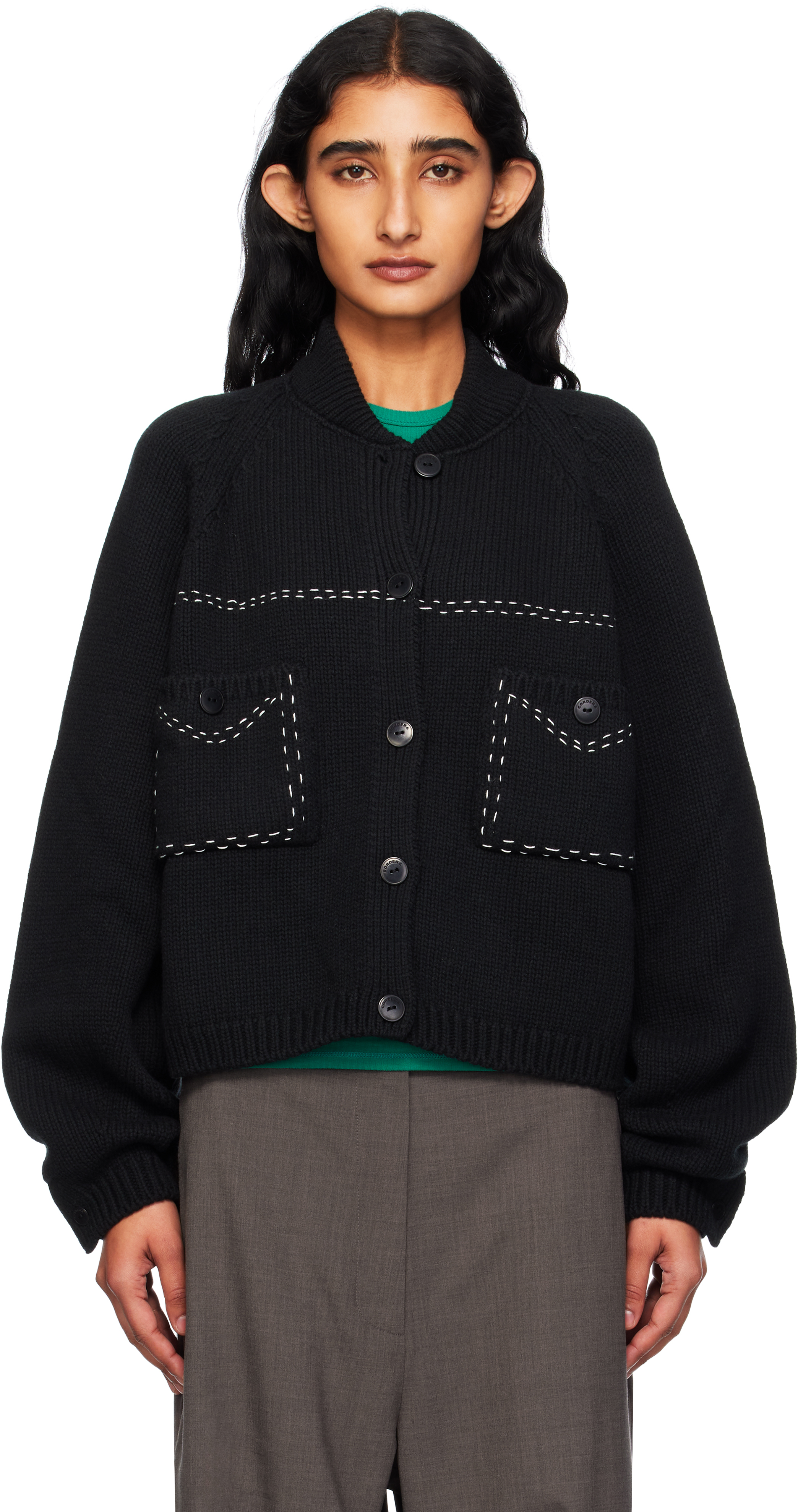 Black Merino Wool Stitched Cardigan