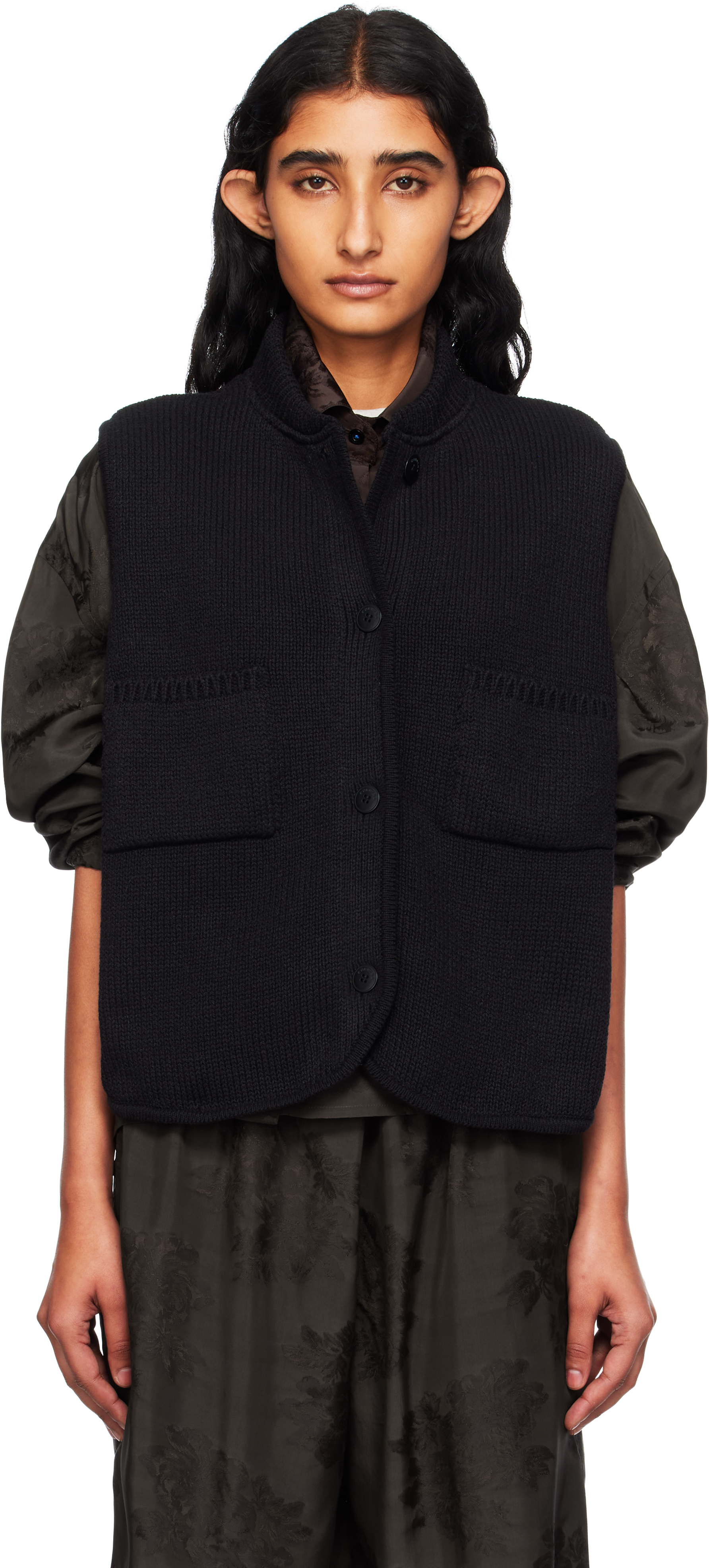 Black Boxy Cotton Waistcoat Cardigan