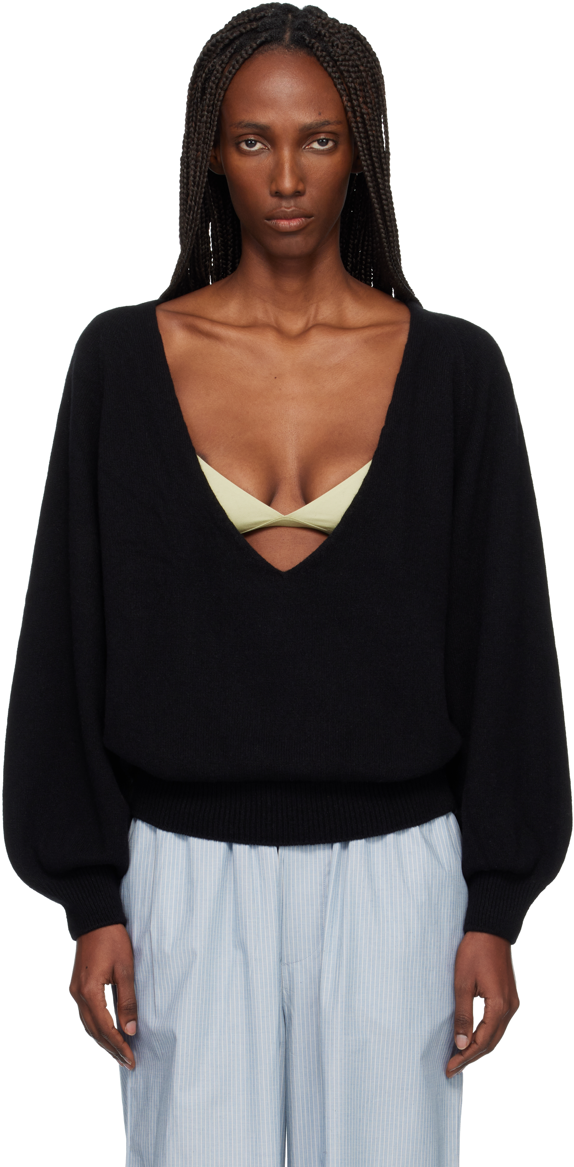Black Soar V-Neck Sweater by Baserange on Sale