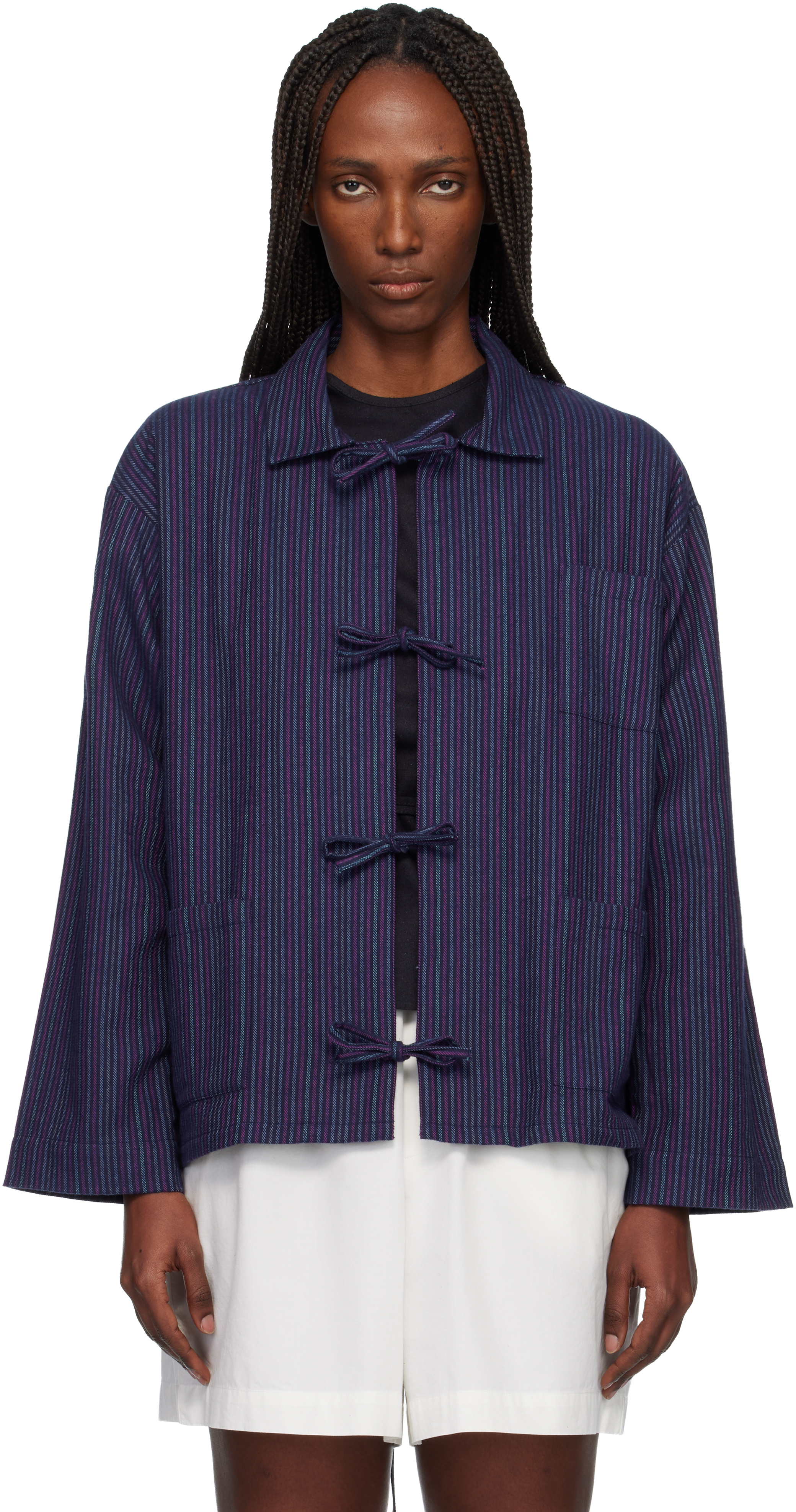 BASERANGE【24SS】 LIMBER SHIRT ストライプ シャツ Baserange: Navy Limber Shirt | SSENSE