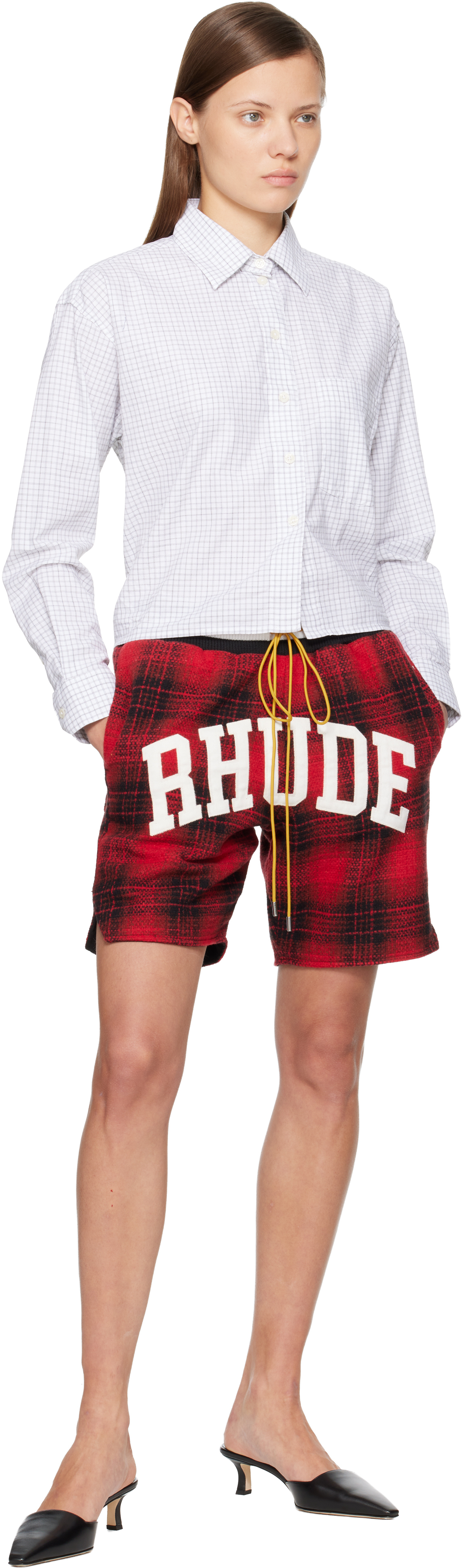 Rhude Red & Black Flannel '' Collegiate Court Logo Shorts In Red