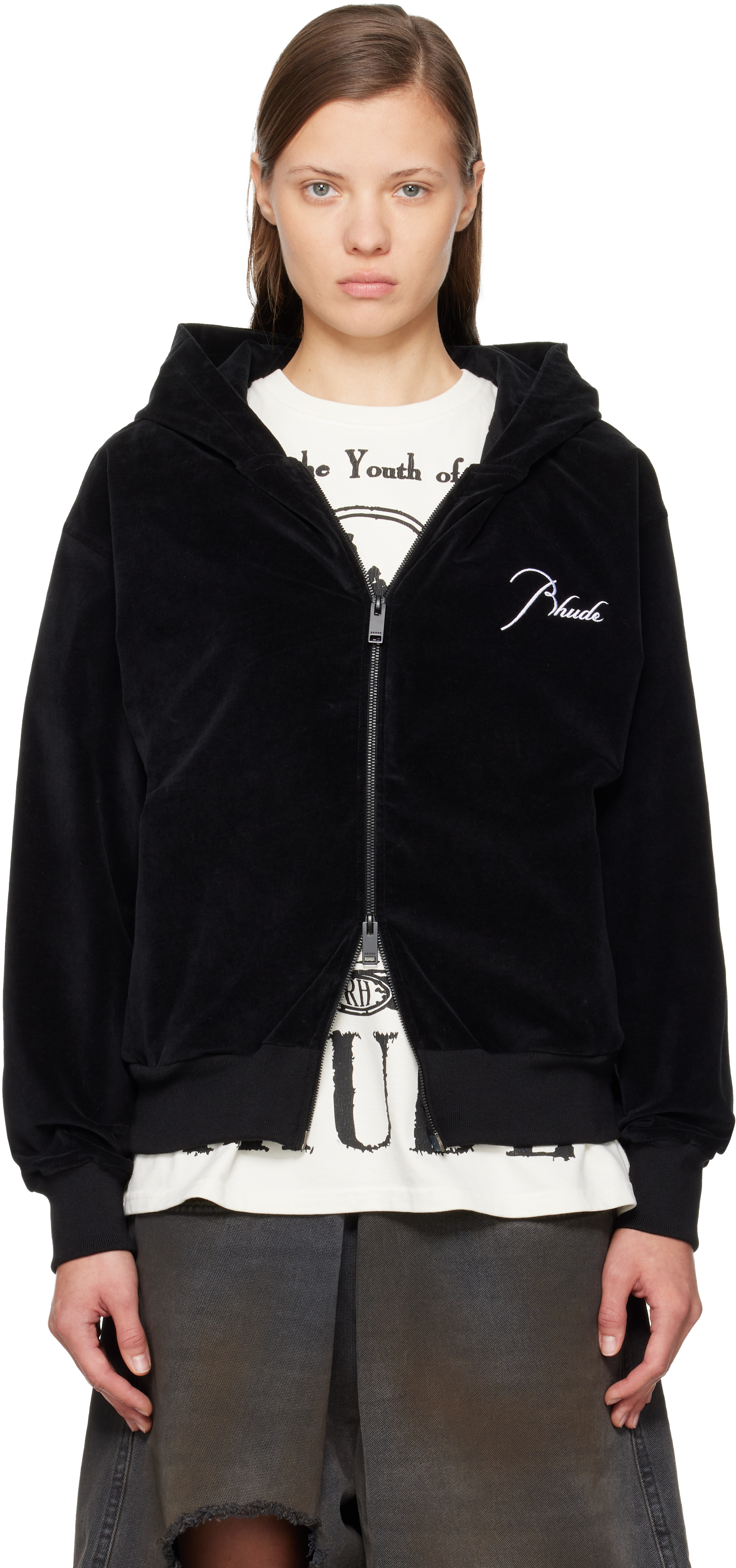 Rhude Black Velour Classique Zip-up Hoodie In Black