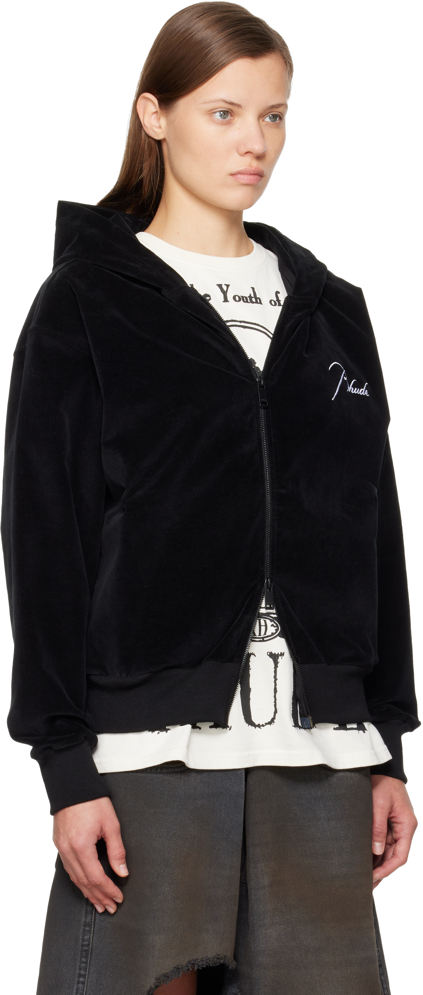 Rhude Black Velour Classique Zip-up Hoodie In Black