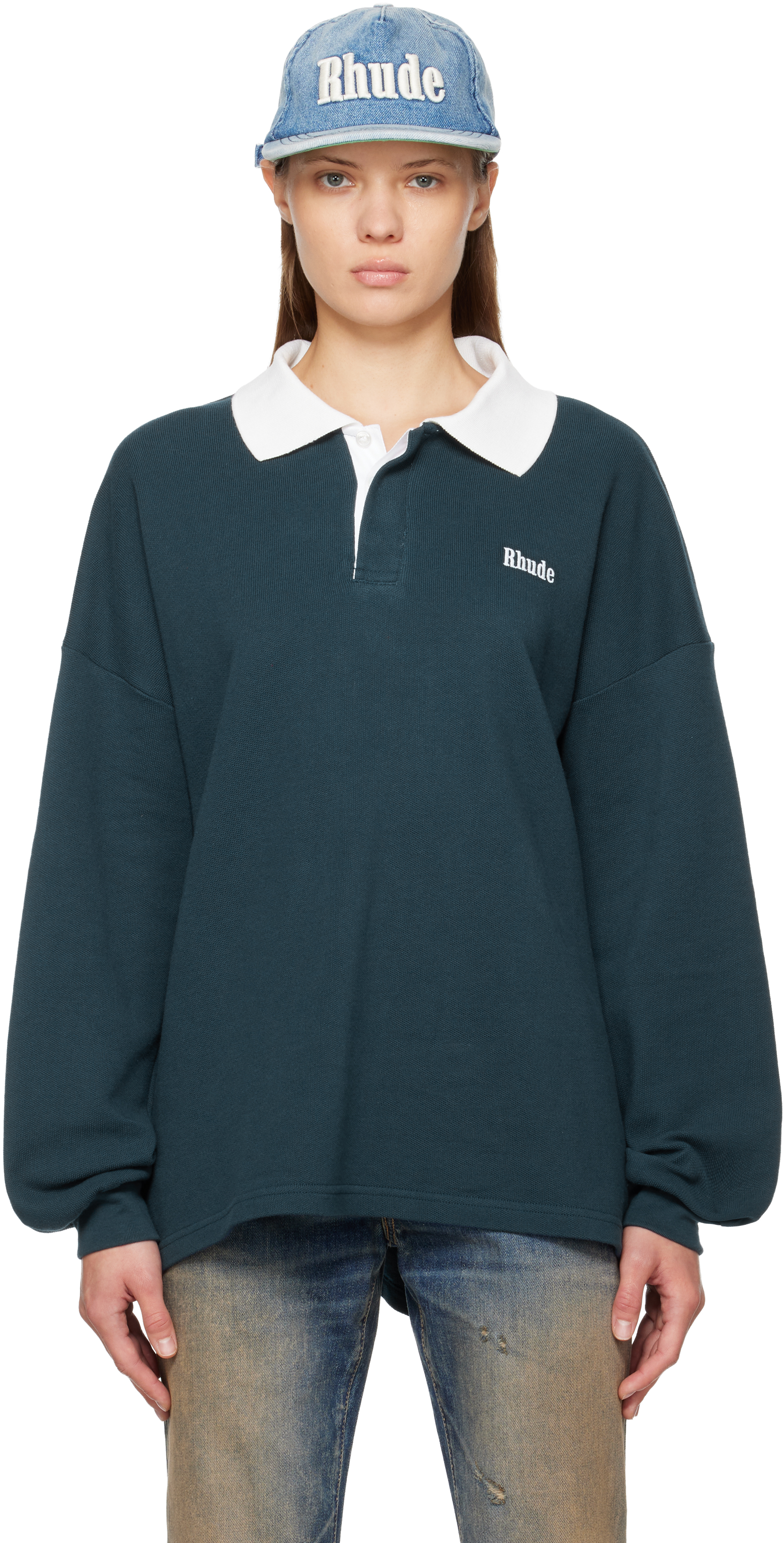 Rhude Navy Ls Pique Polo In Blue