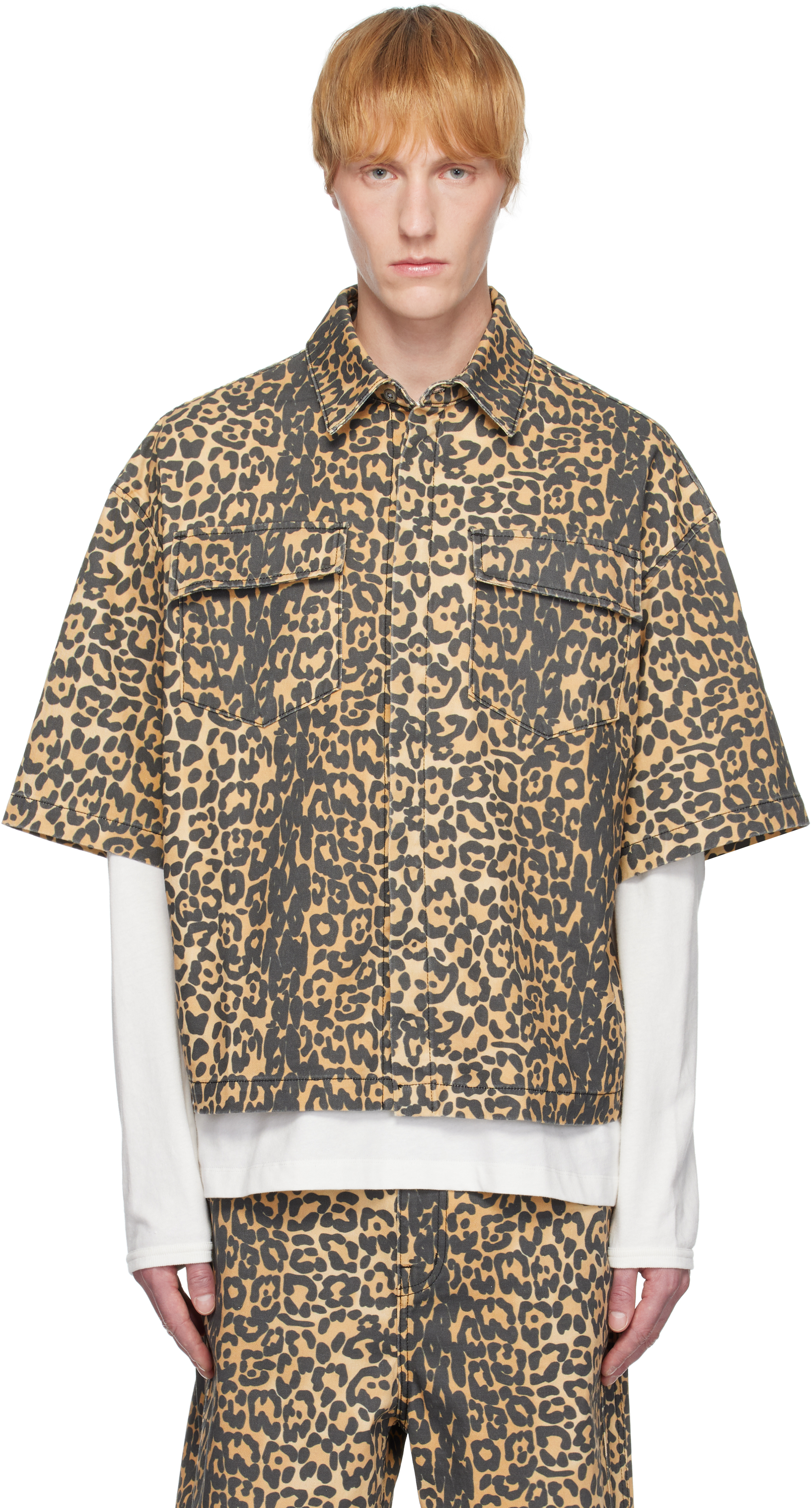 Beige Leopard Boxy Work Denim Shirt