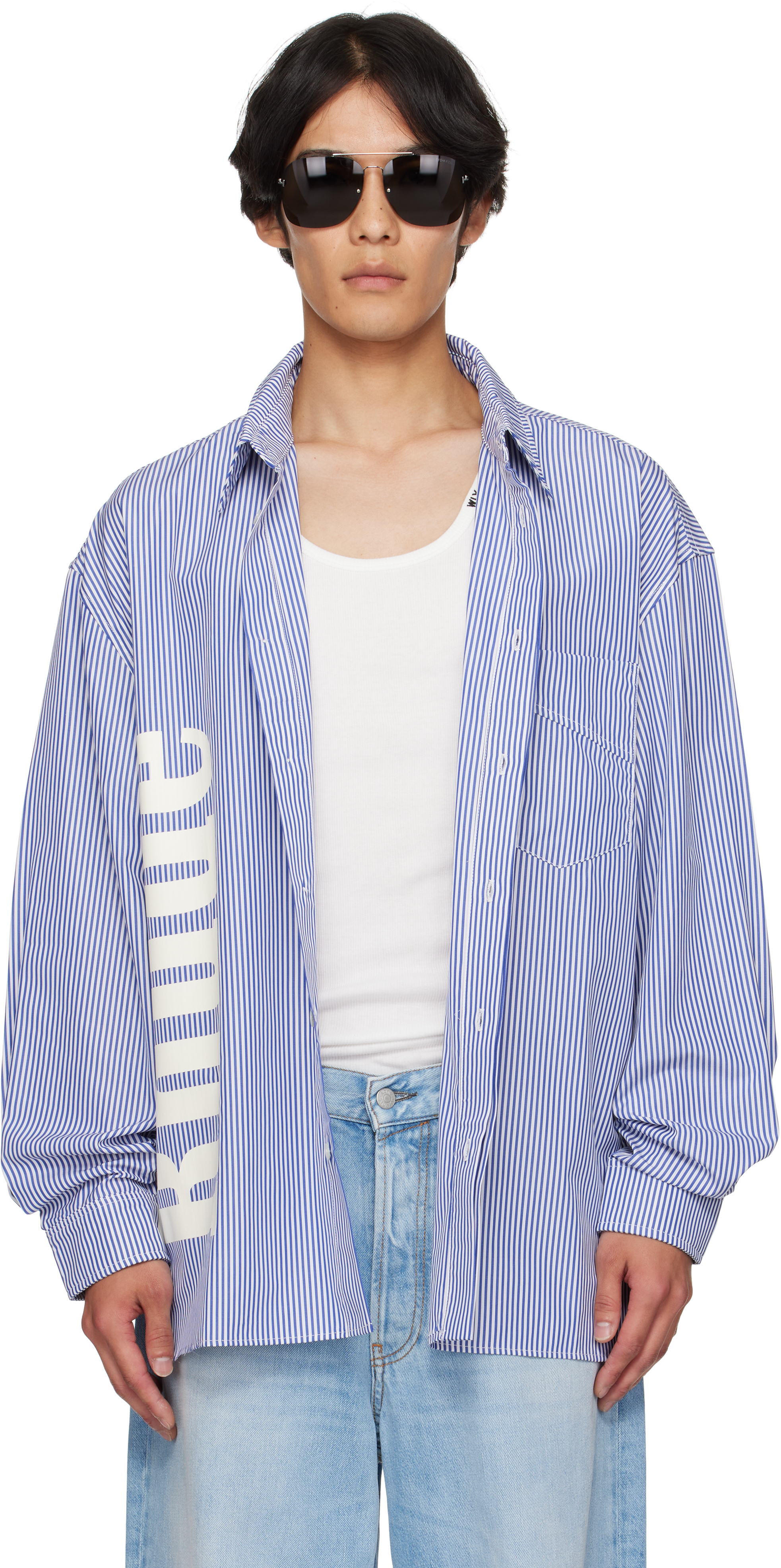 Blue & White 'Rhude' Side Logo LS Shirt