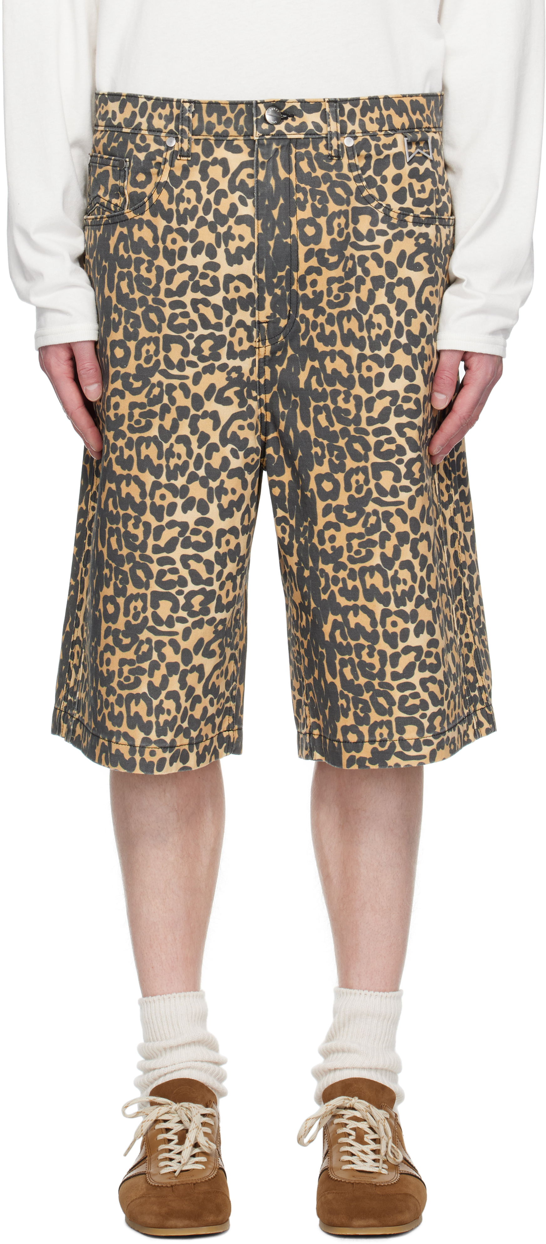 Beige Leopard Traxedo Baggy Denim Shorts