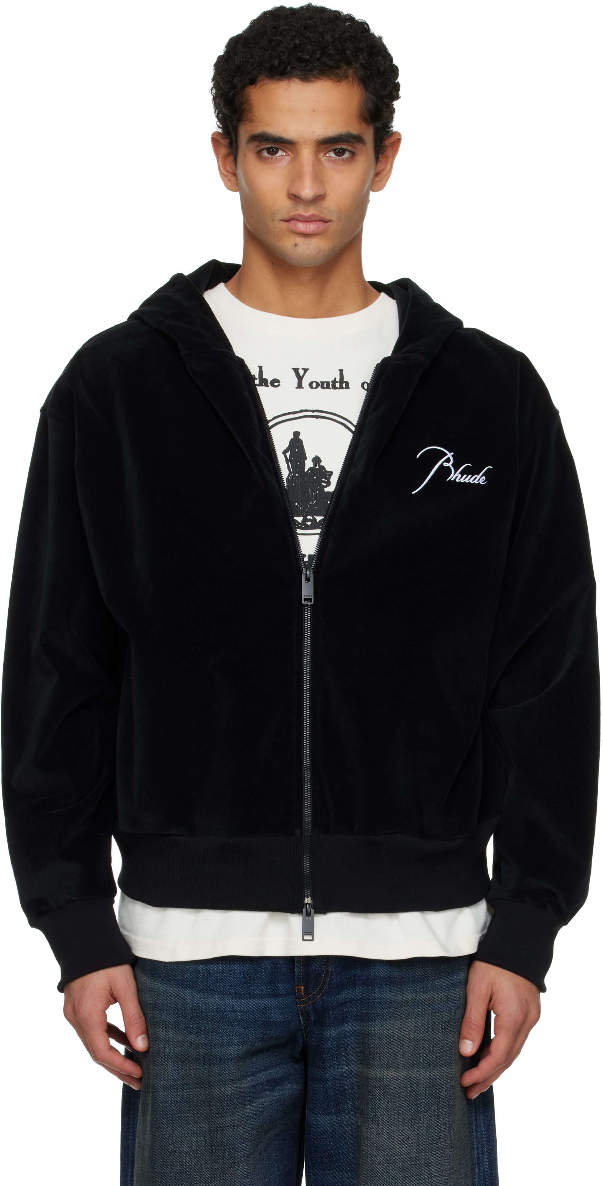 Black Velour Classique Zip-Up Hoodie by Rhude on Sale