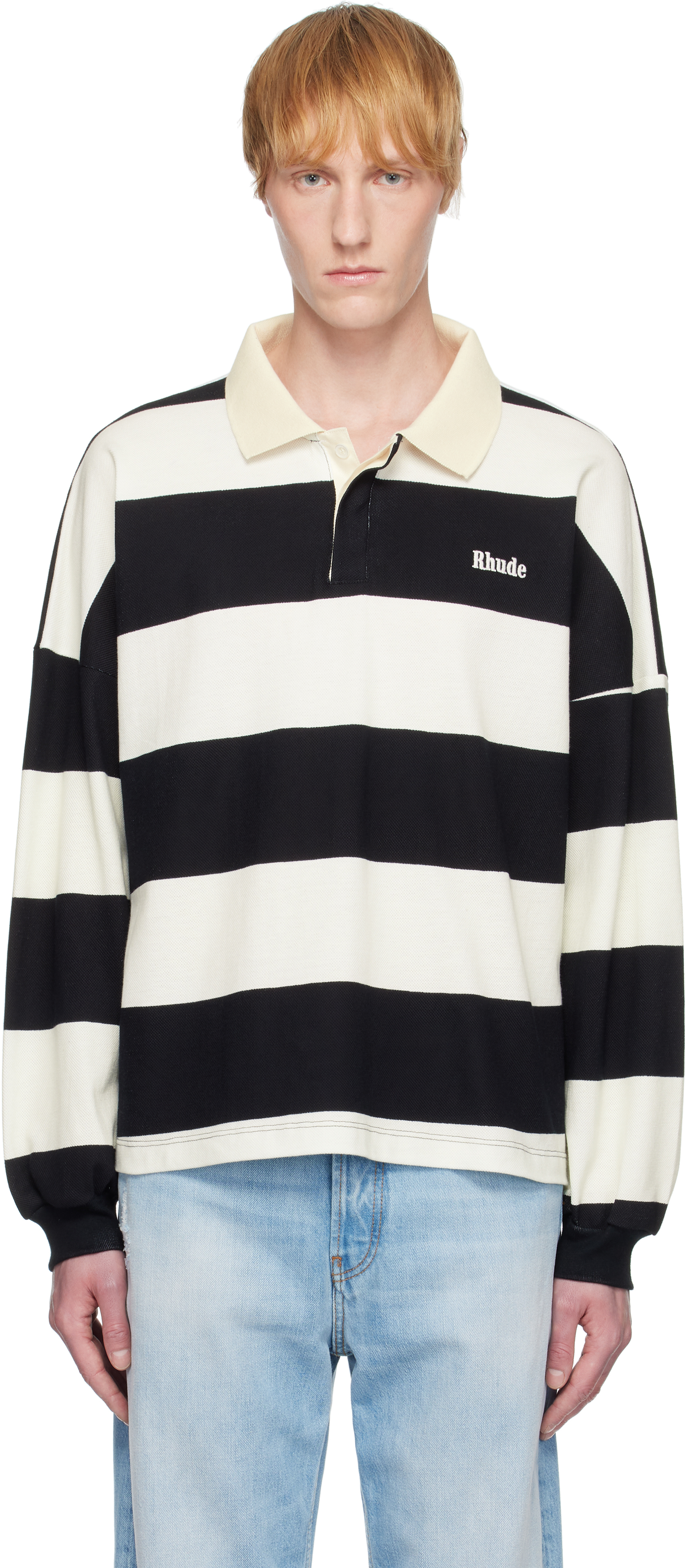 Black & White Striped Piqué Polo