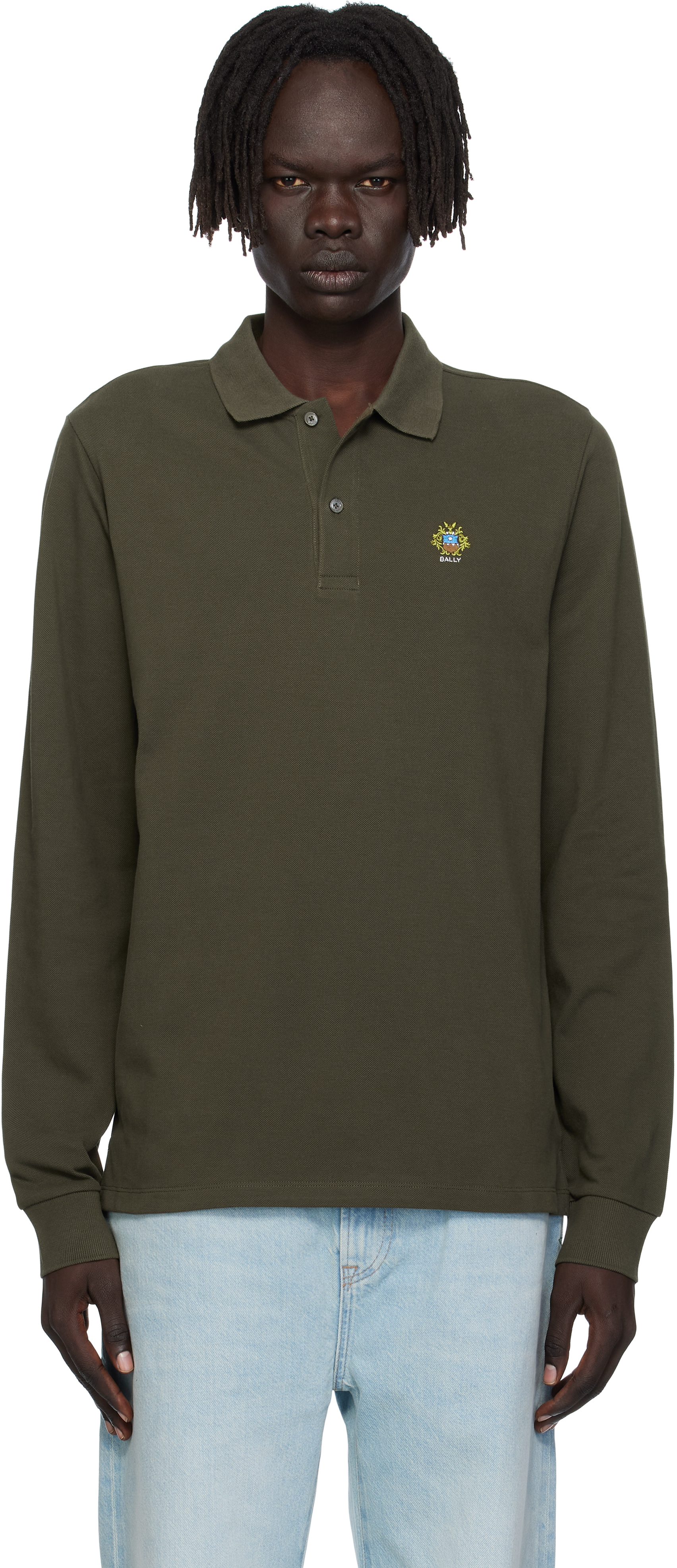 Bally Khaki Long Sleeve Crest Logo Polo In Green