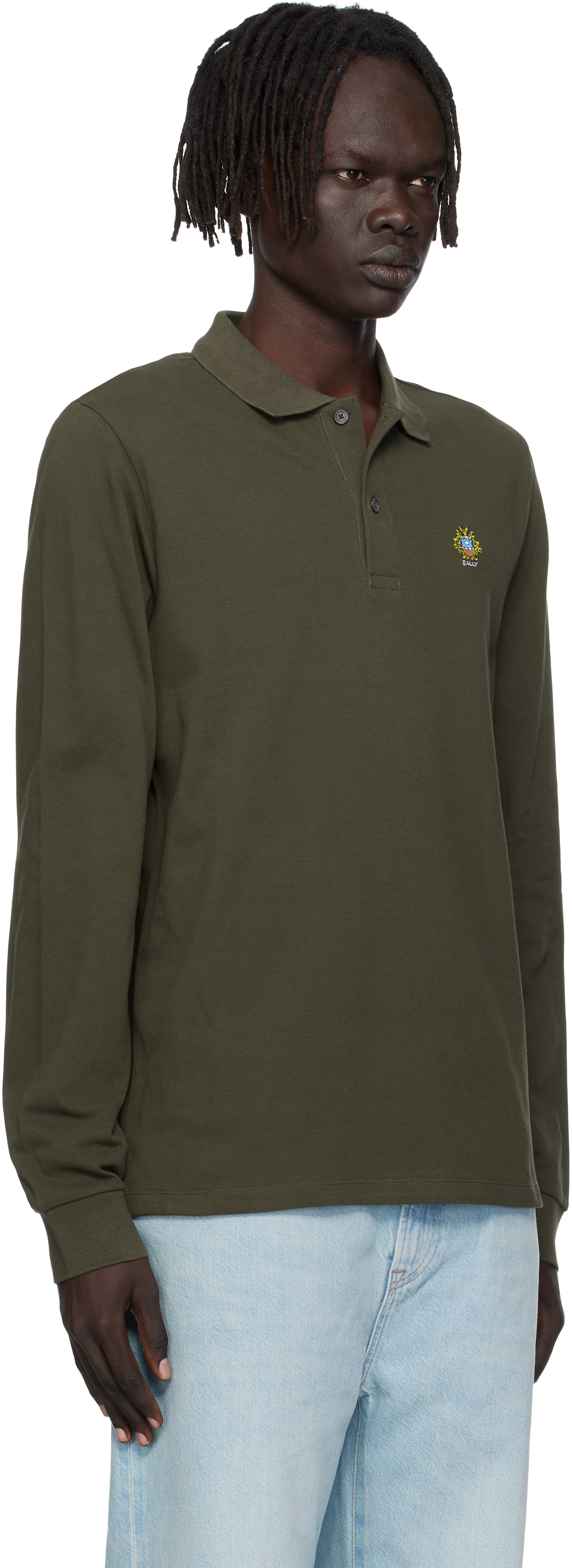 Bally Khaki Long Sleeve Crest Logo Polo In Green
