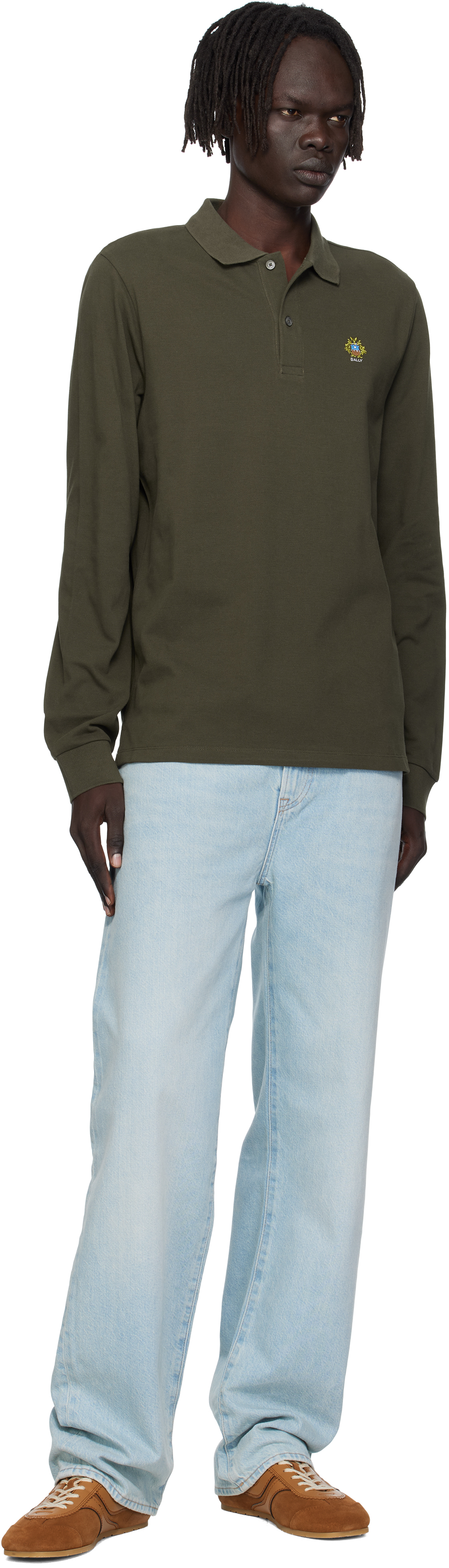 Bally Khaki Long Sleeve Crest Logo Polo In Green