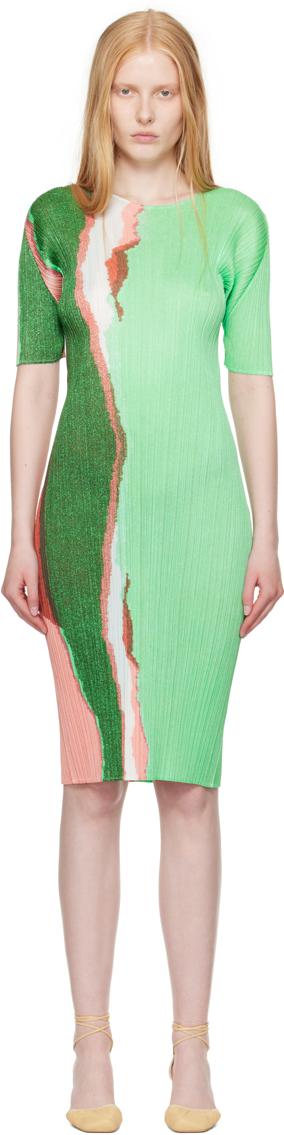 PLEATS PLEASE ISSEY MIYAKE: Green Grainy Colors Midi Dress