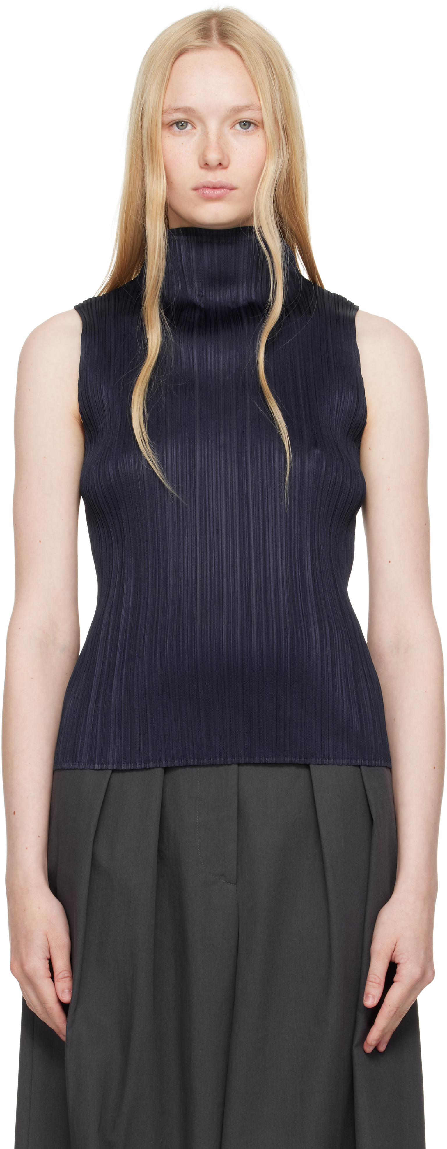 Issey Miyake Navy Ramie Pleats Top