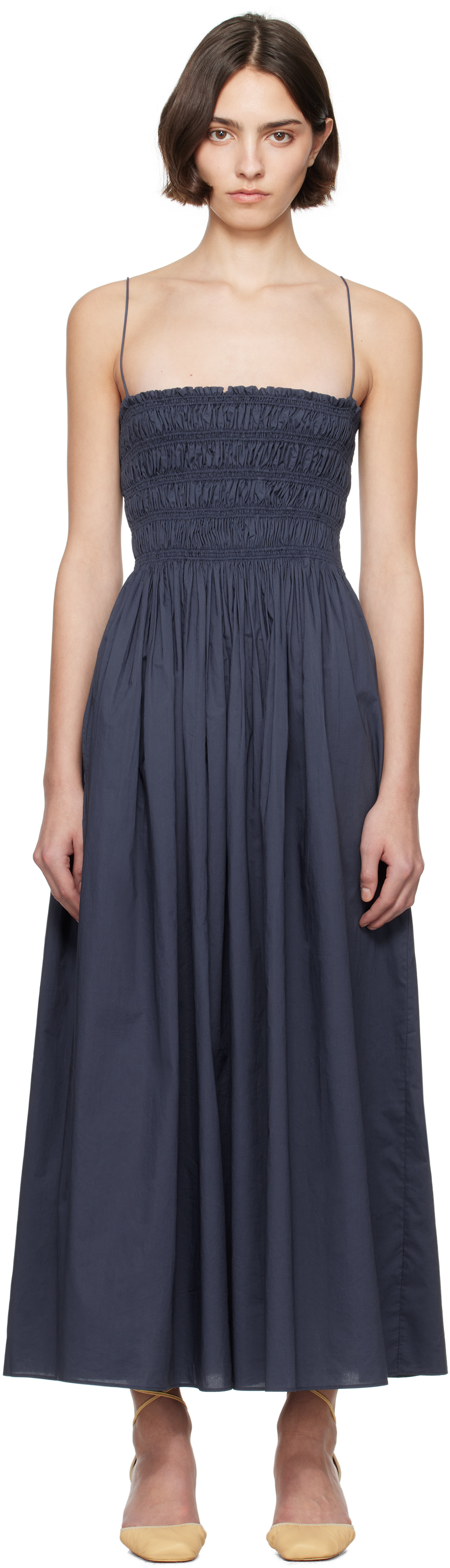 【関税込み】Matteau ネイビー Shirred Bodice マキシワンピース Matteau: Navy Shirred Bodice Maxi Dress | SSENSE