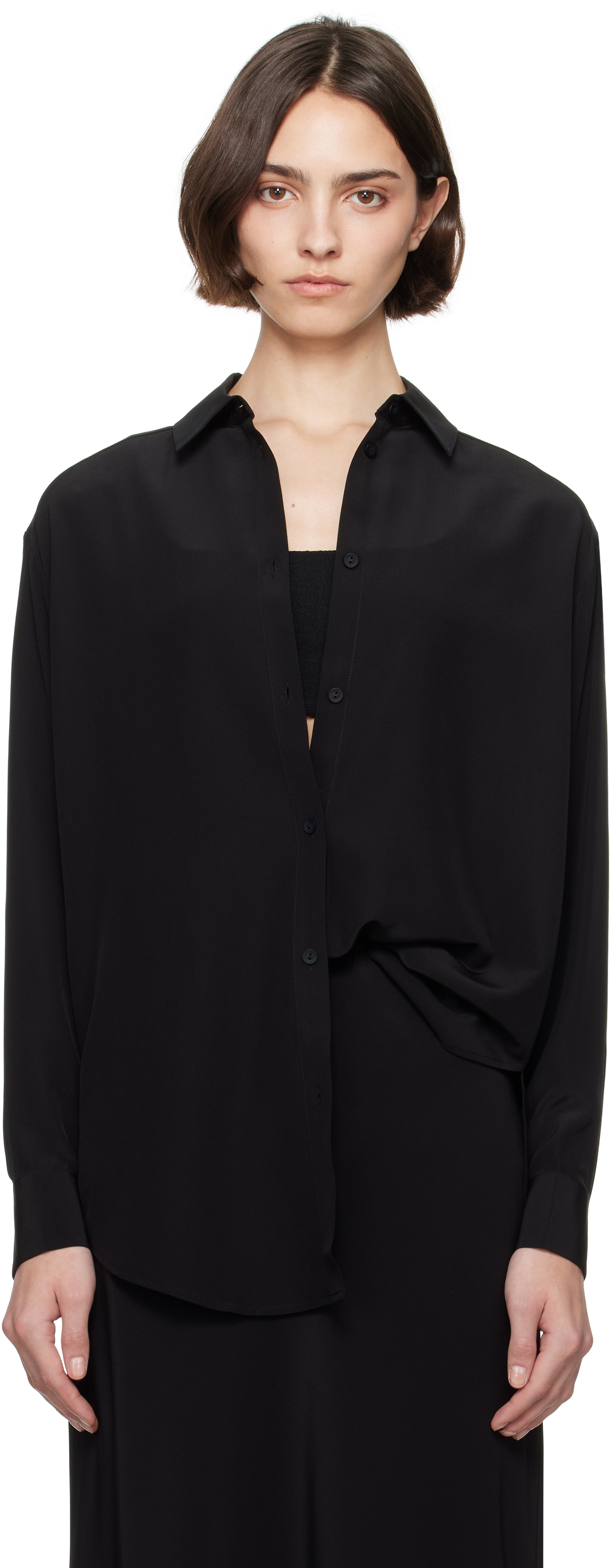 Shop Matteau Black Long Sleeve Silk Shirt