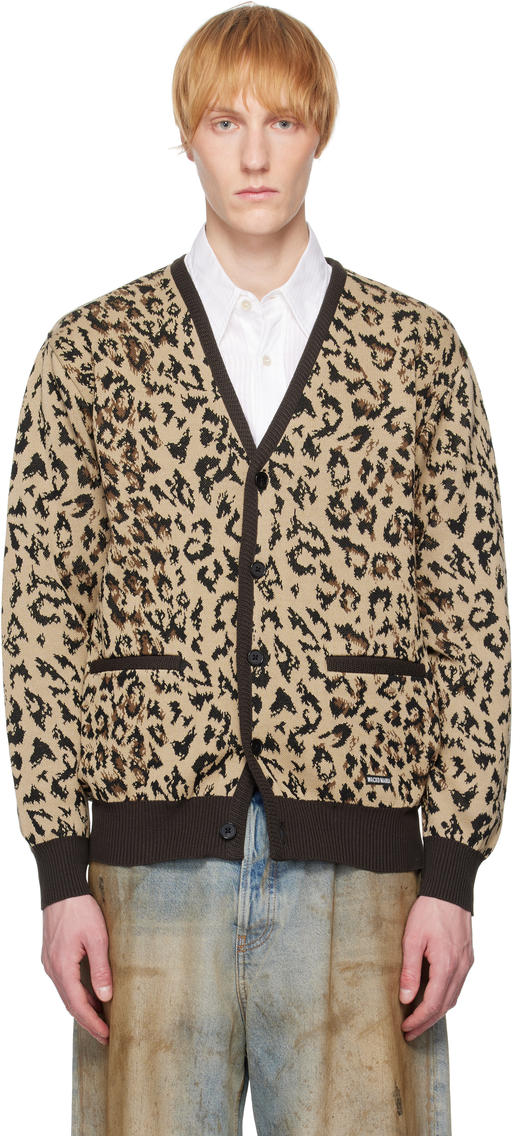 Beige Leopard Jacquard Knit Cardigan