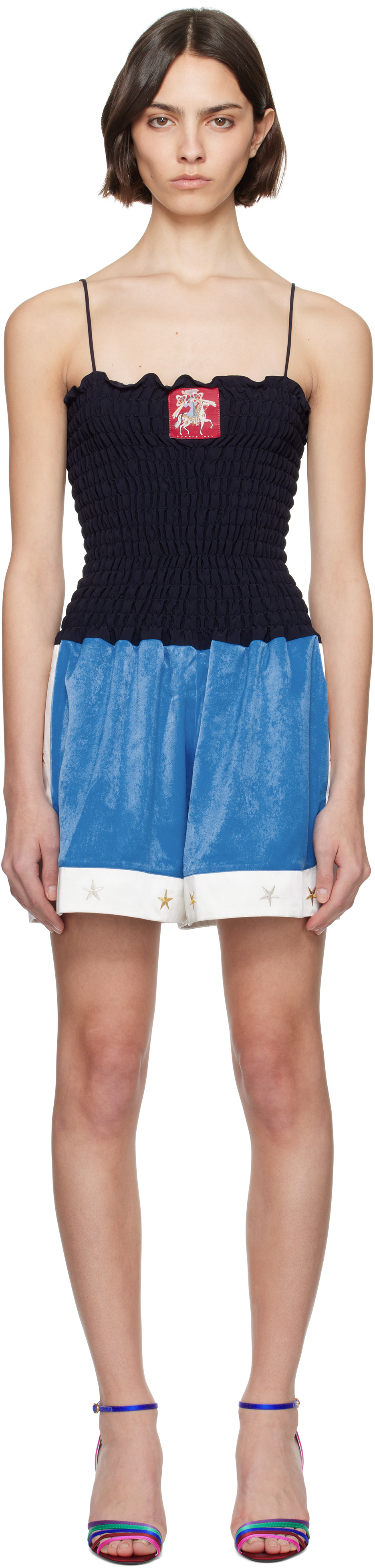 Conner Ives Black Shirred Boxing Short Romper