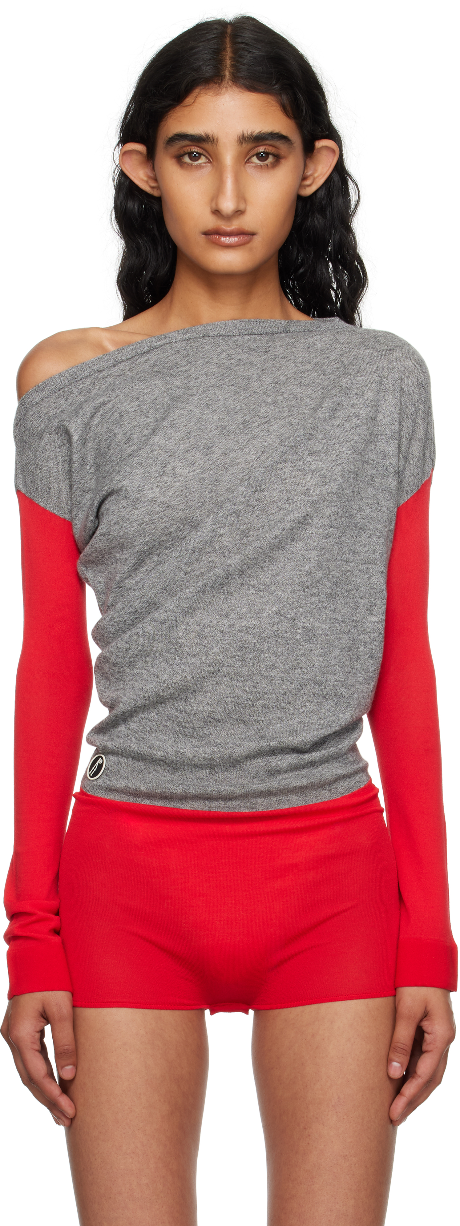 Kiko Kostadinov: Gray & Red Heiss Knit Bodysuit | SSENSE