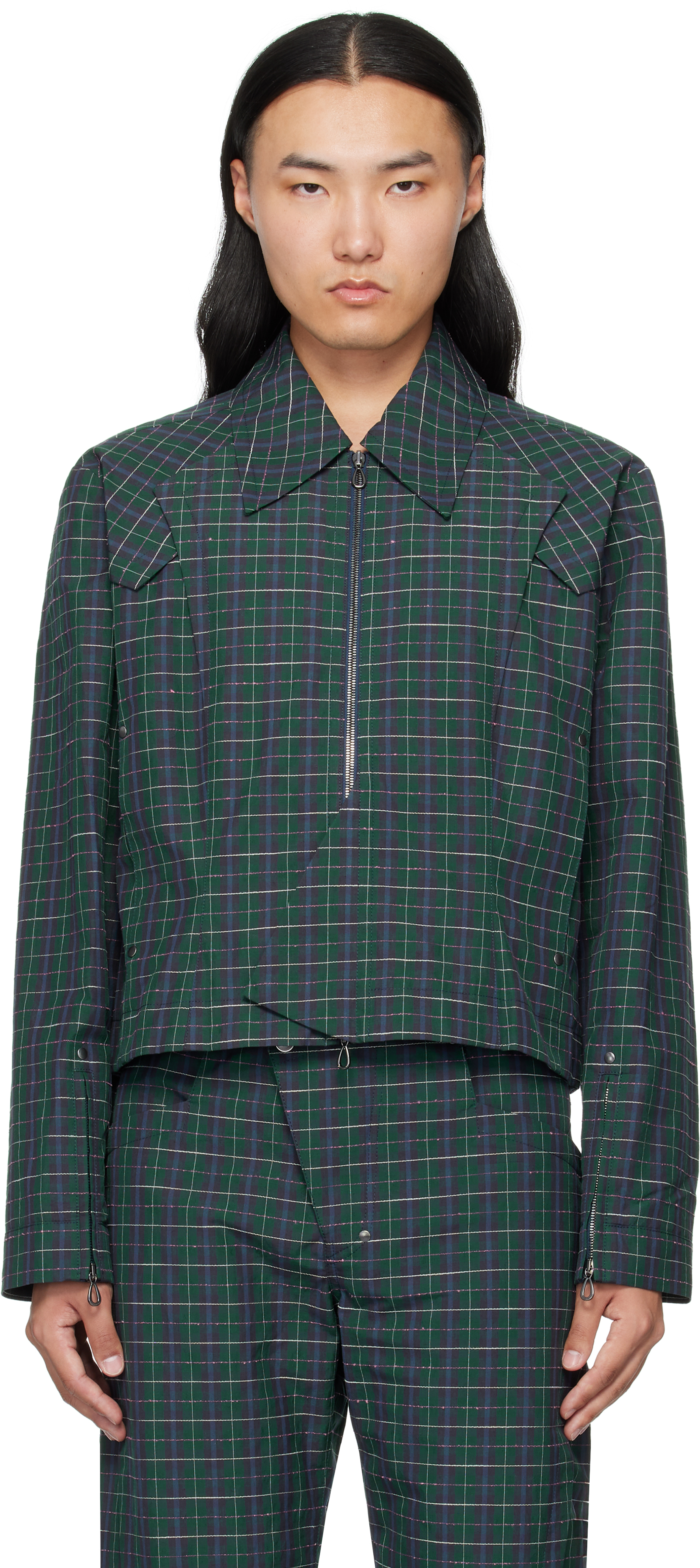 Kiko Kostadinov Kraner Checked Cropped Cotton-blend Blouson In Green