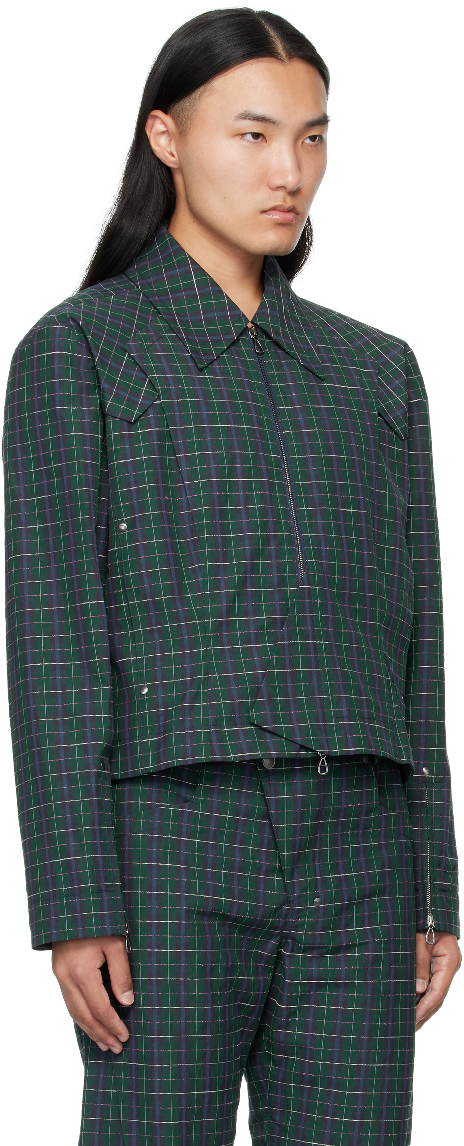 Kiko Kostadinov Kraner Checked Cropped Cotton-blend Blouson In Green