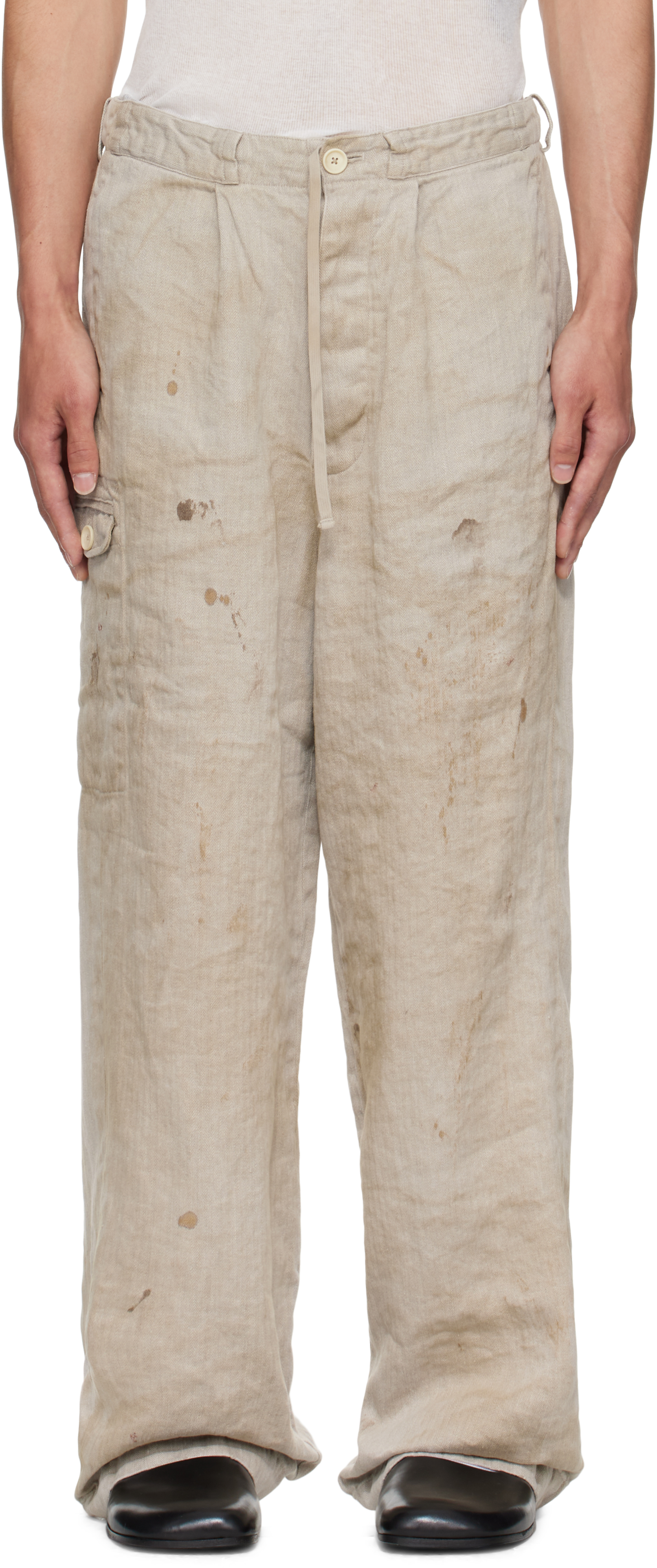 Beige Heavy Linen Herringbone Wide Easy Trousers by stein on Sale
