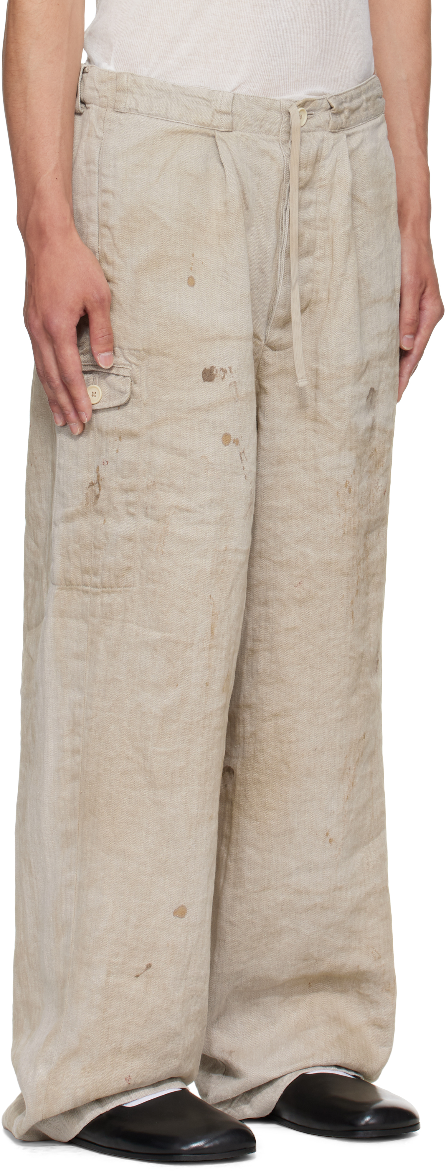 Stein Beige Heavy Linen Herringbone Wide Easy Trousers In Brown