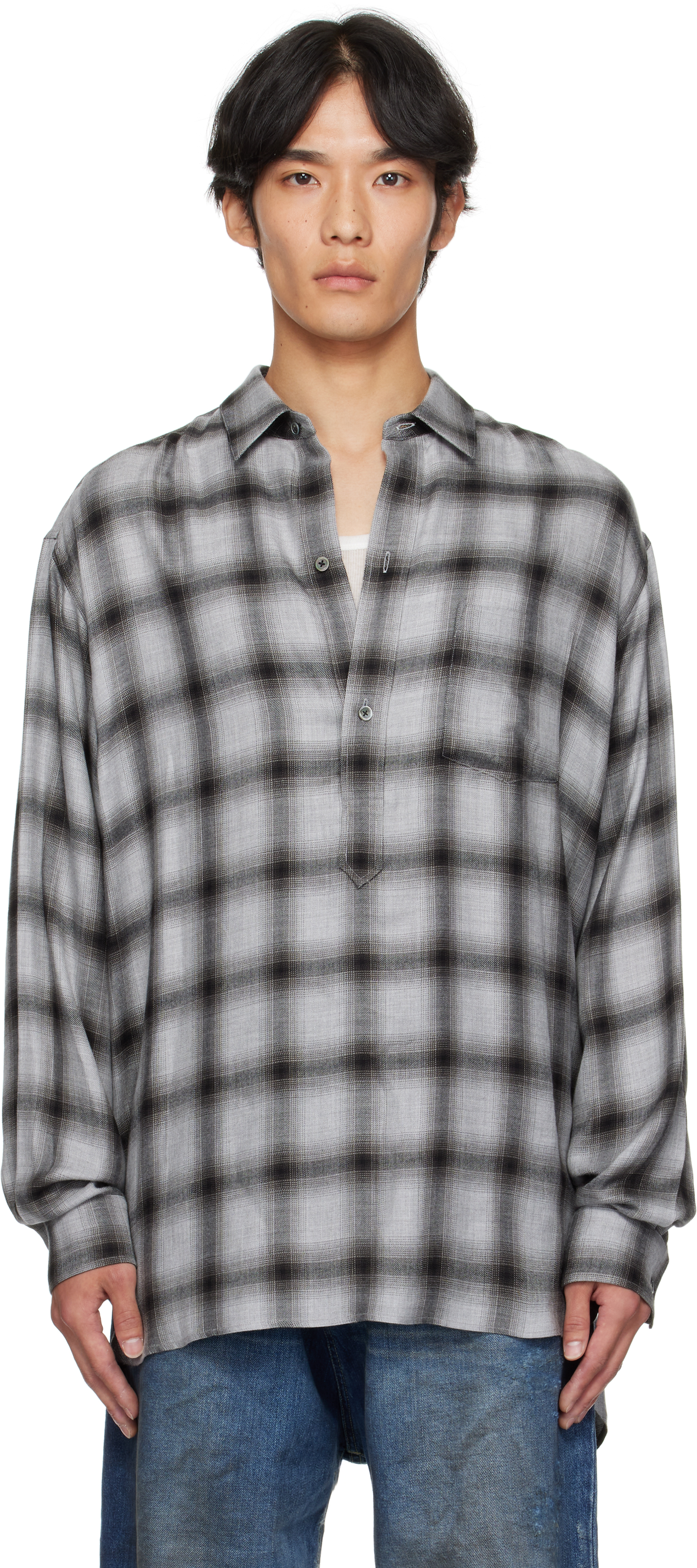 stein シュタイン　OVERSIZED DOWN PATTERN SHIRT stein: Gray Check Oversized Down Pullover Shirt | SSENSE