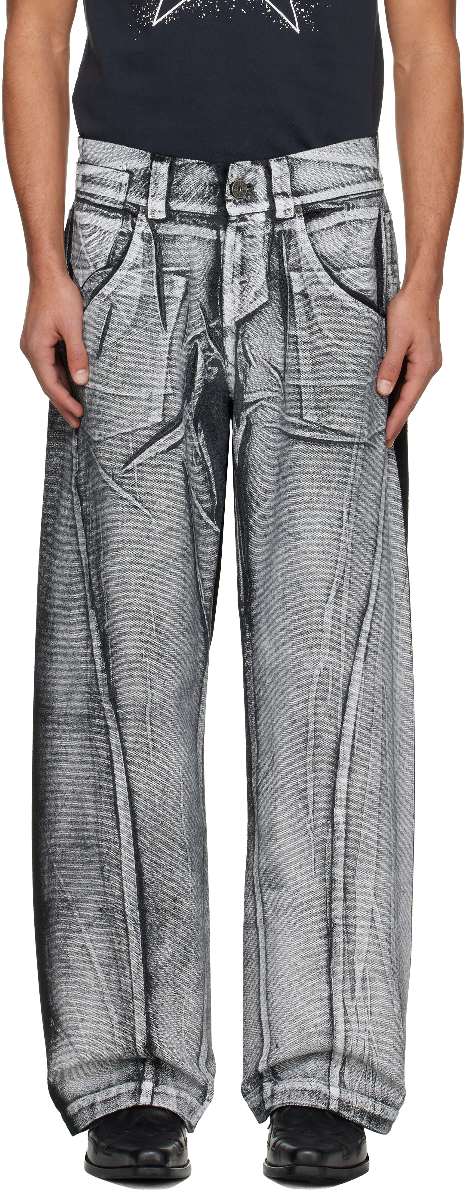 Vaquera Black & White Painted Workwear Trousers In Blue