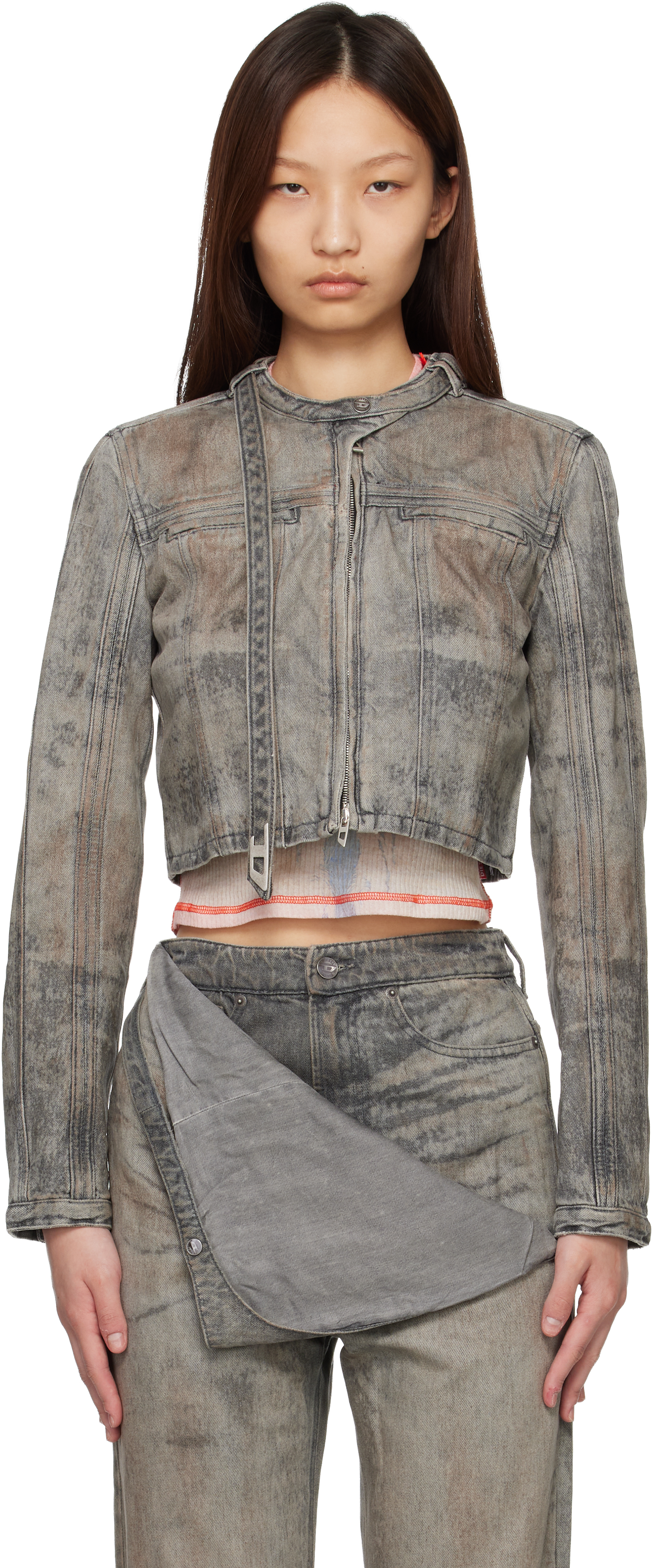 Dieselのグレー クロップド コットン ヘンプ サテン デニムジャケット