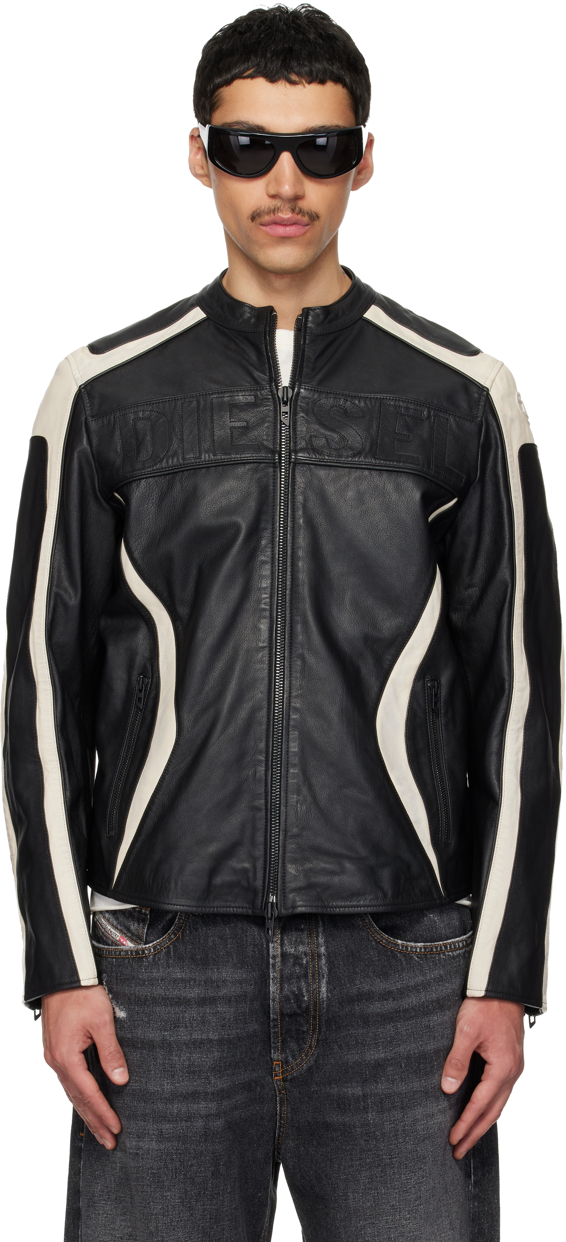 Diesel: Black & Off-White L-Adam Leather Jacket | SSENSE