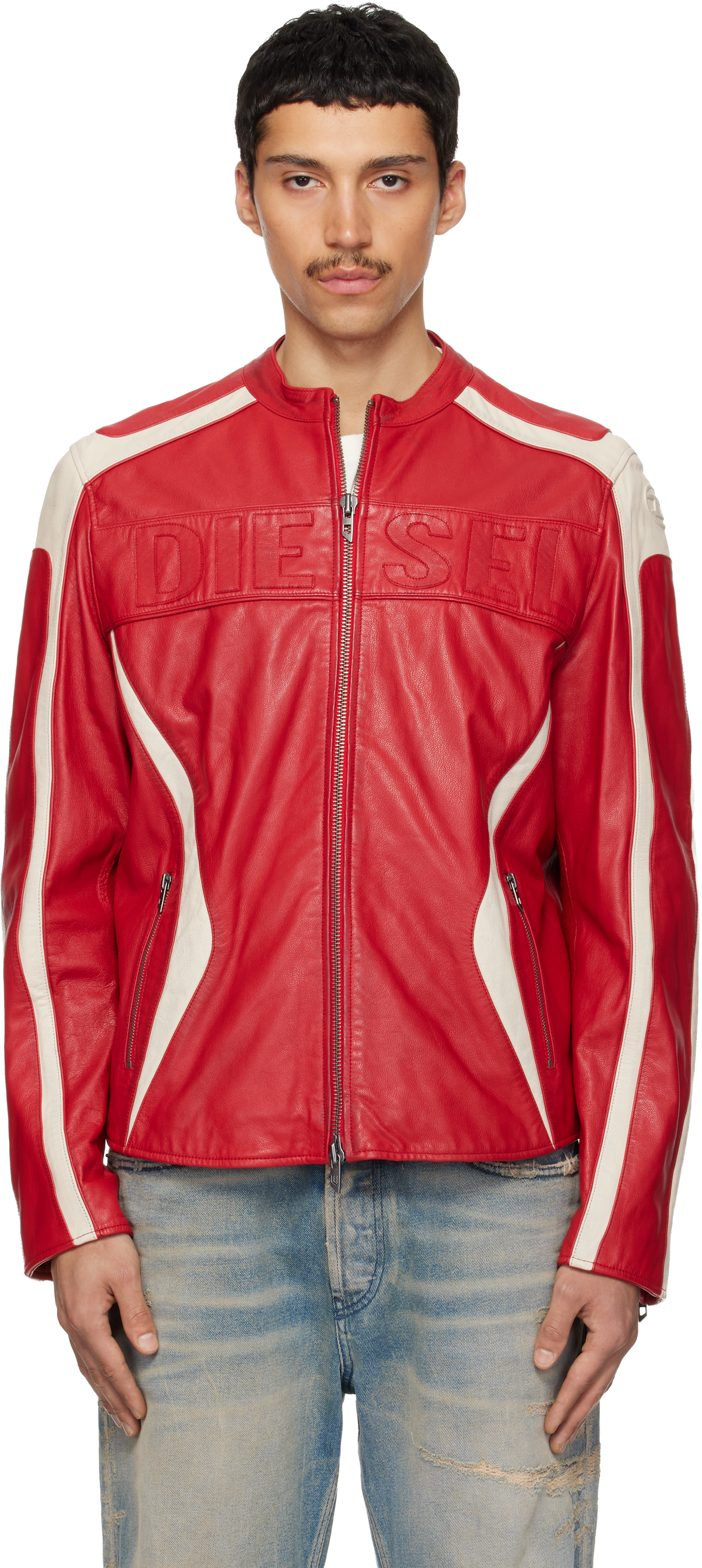 Diesel Red & Off-White L-Adam Leather Jacket