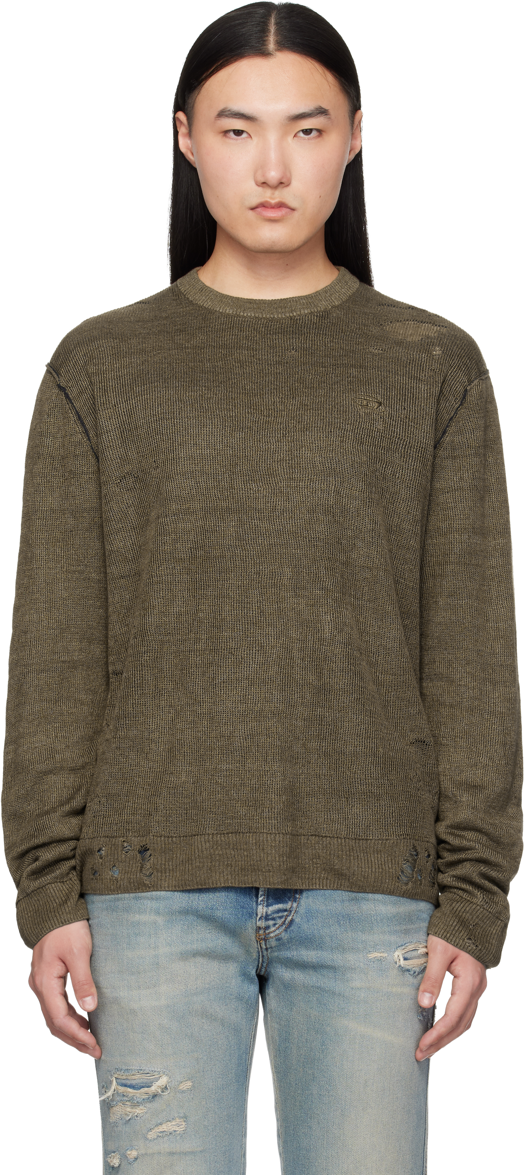 Diesel Khaki Destroyed Linen Sweater