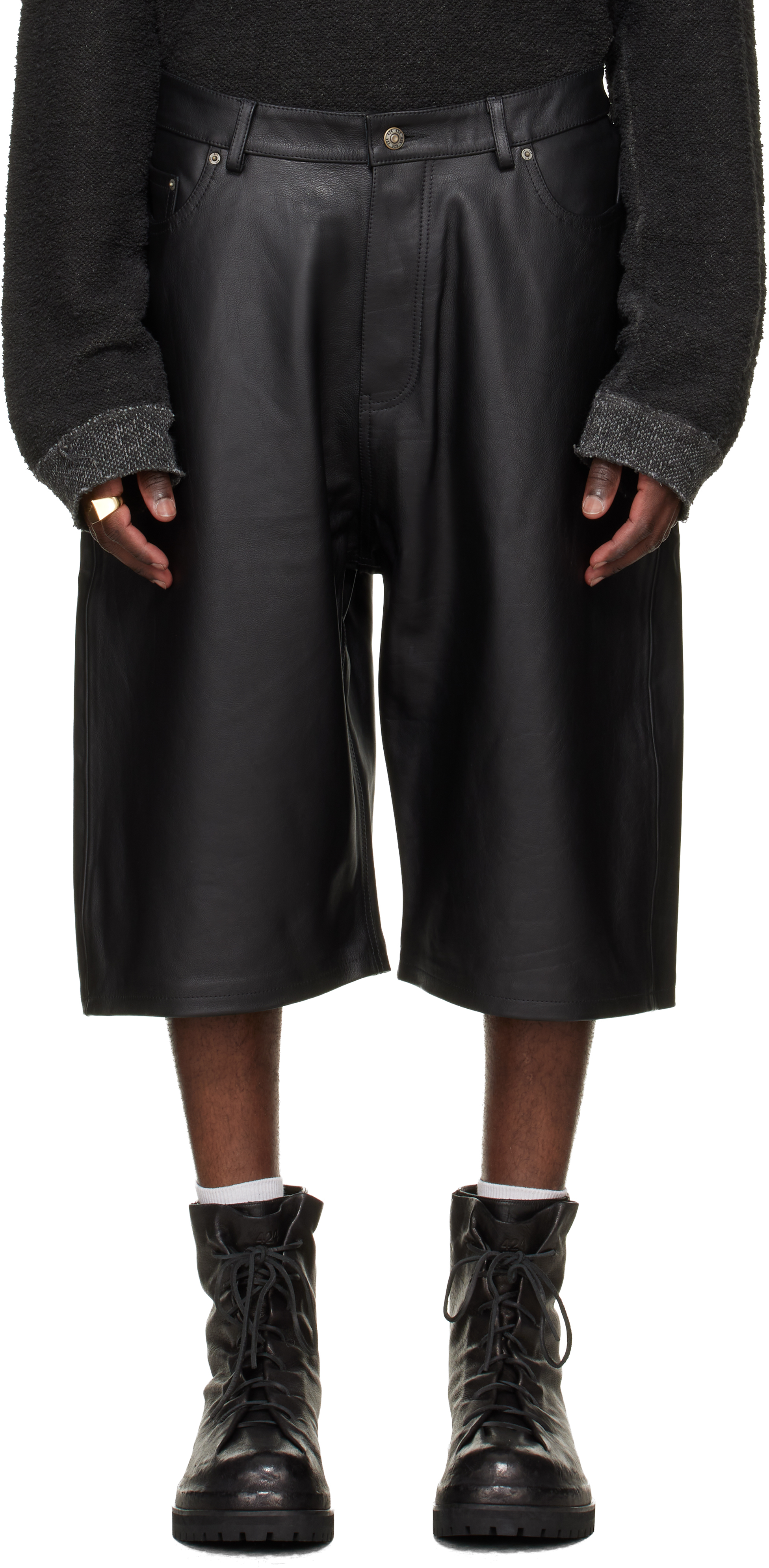 424 Black Big Daddy Leather Shorts