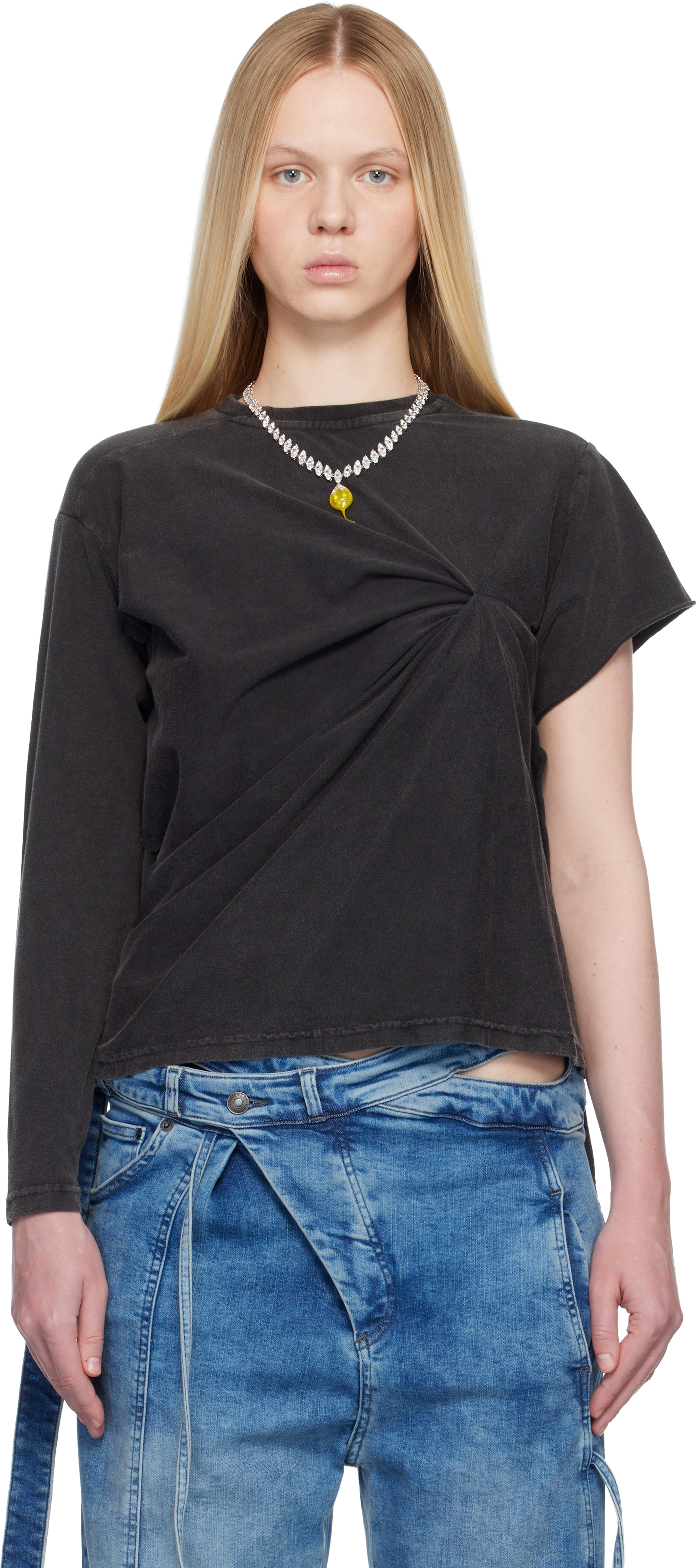 Ottolinger: Black Shifted Sleeve Top | SSENSE