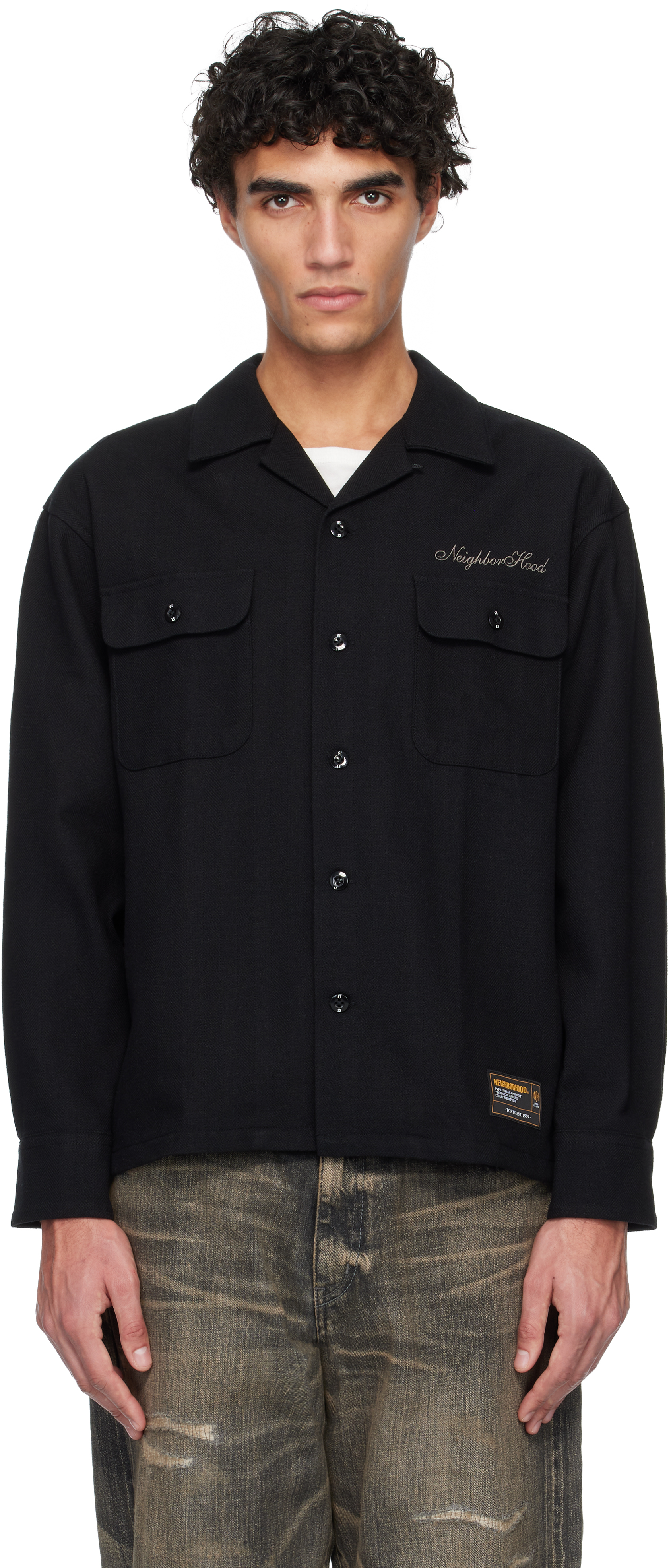Neighborhood Black Herringbone Open Collar Shirt