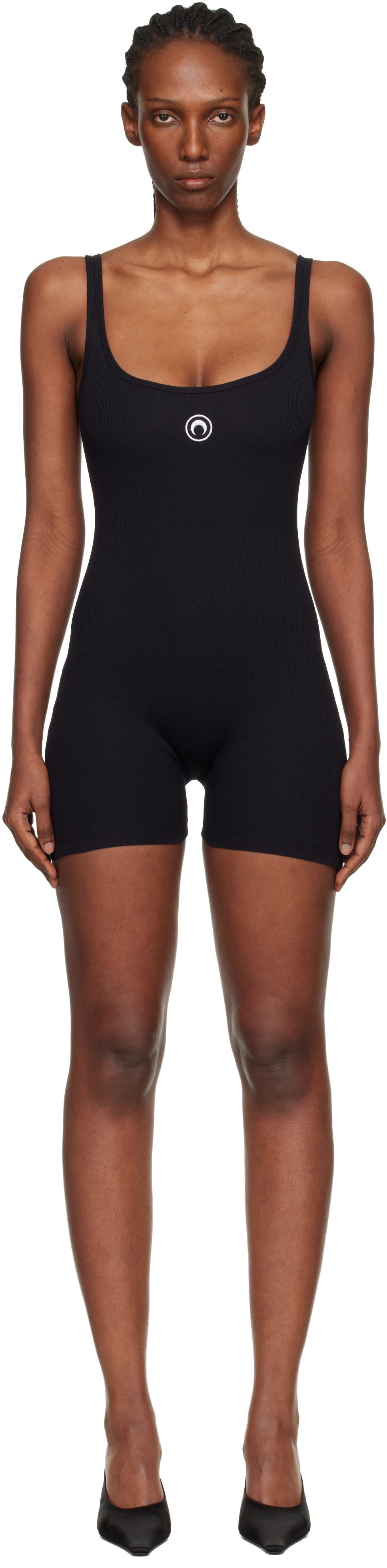 Marine Serre Black Moon Logo Ribbed Jersey Short Jumpsuit