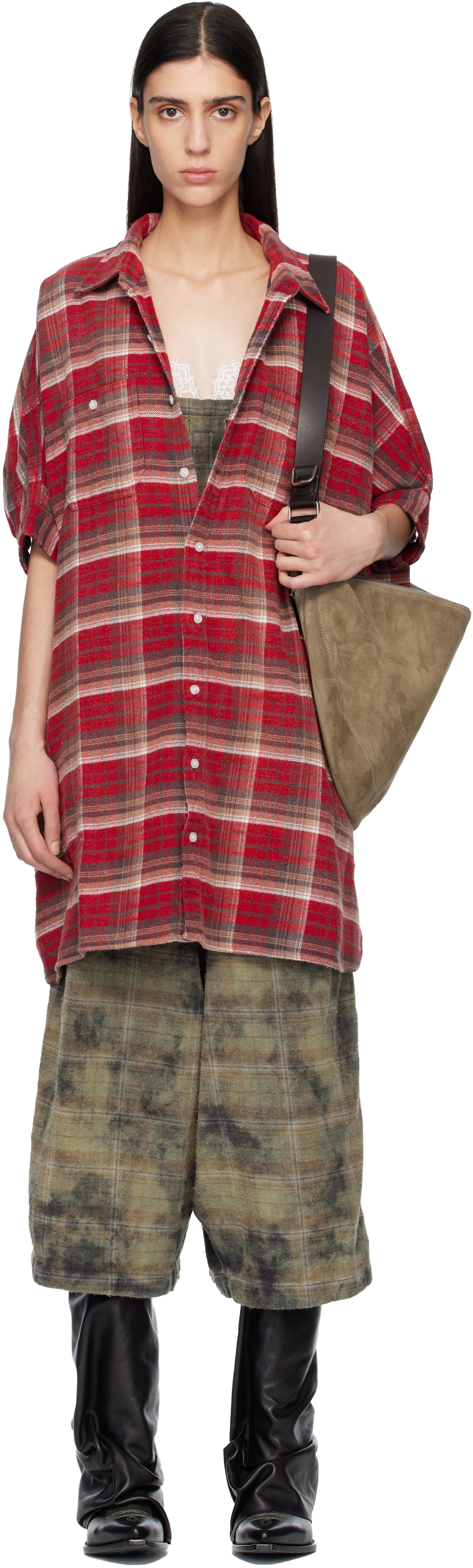 R13 Red Plaid Oversized Boxy Shirt Minidress