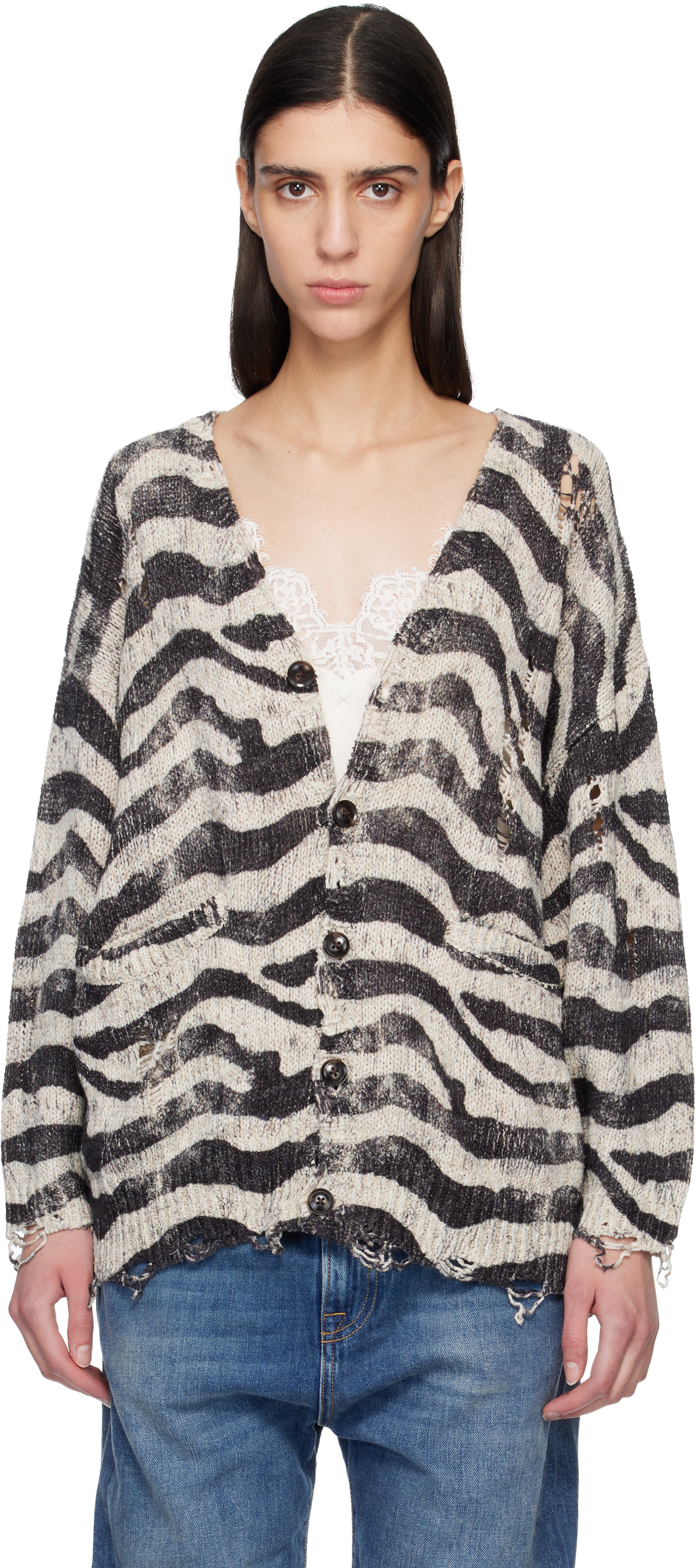 R13: Off-White & Black Printed Oversized Cardigan | SSENSE