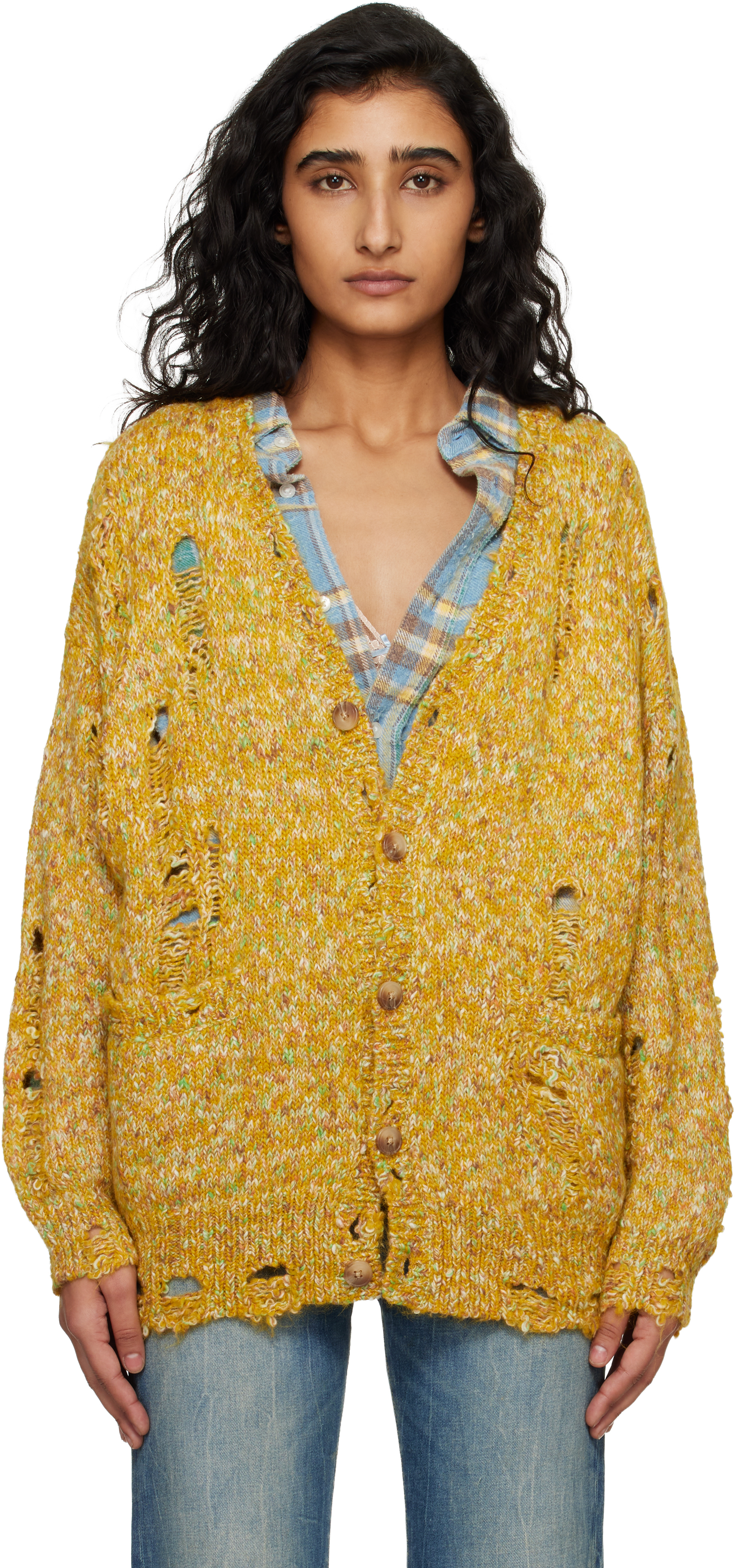 R13 Yellow Distressed Oversized Cardigan