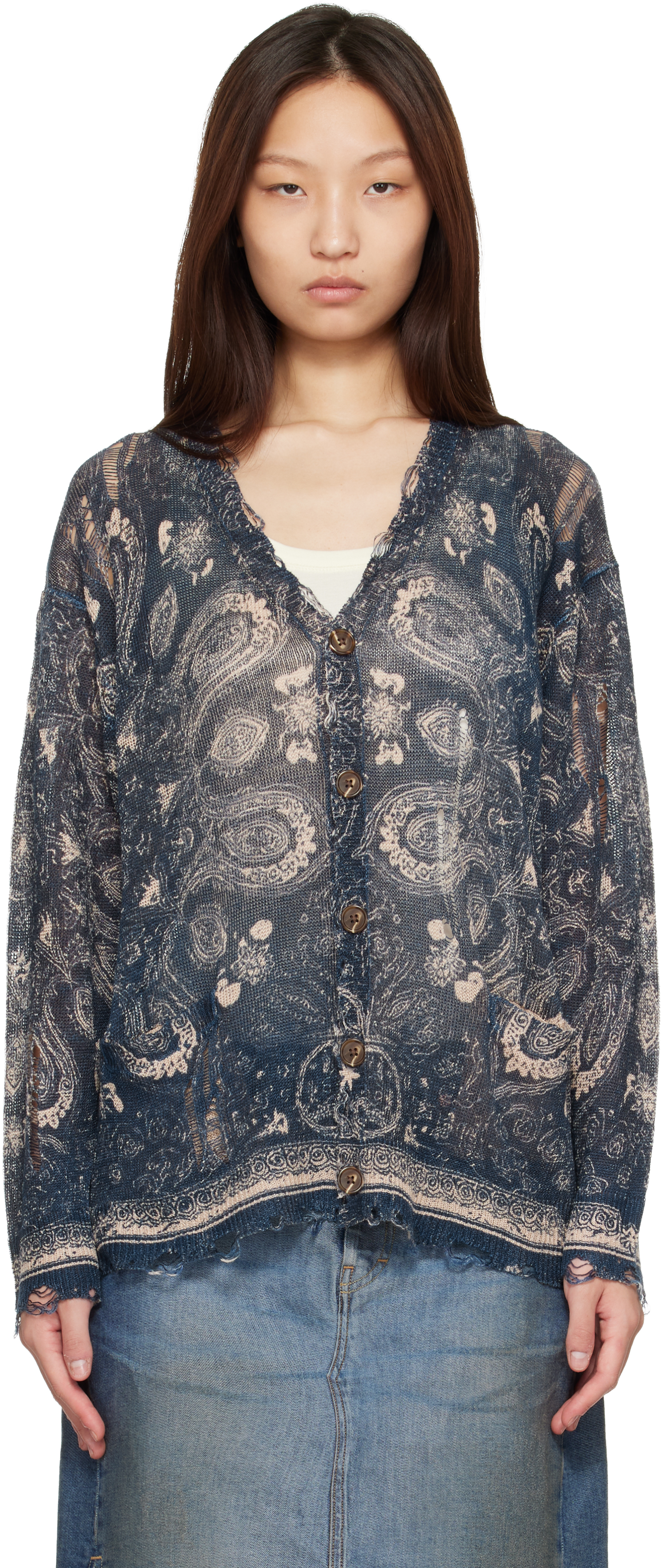 Blue Printed Boyfriend Cardigan by R13 on Sale
