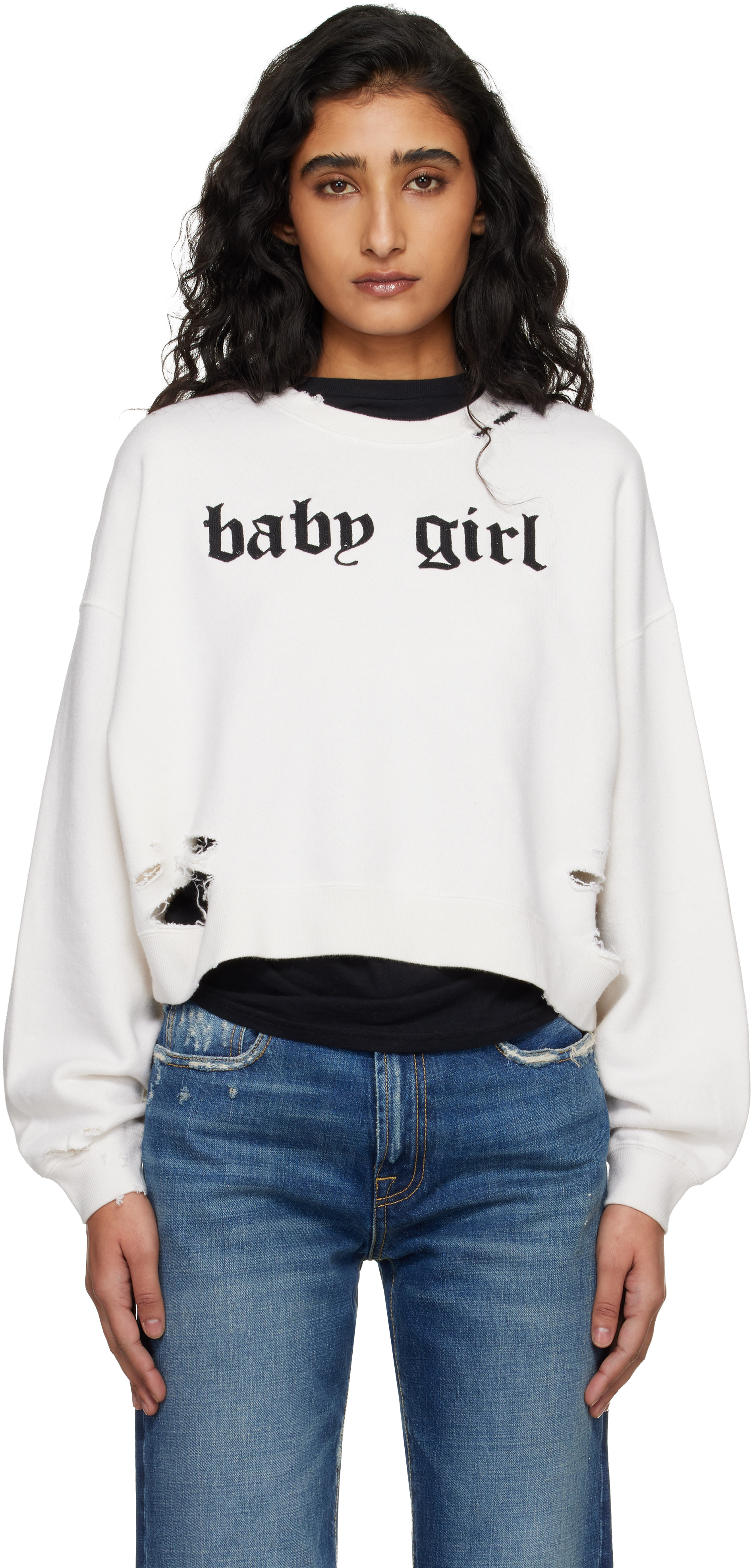 R13 Off-White 'Baby Girl' Cropped Crewneck Sweatshirt